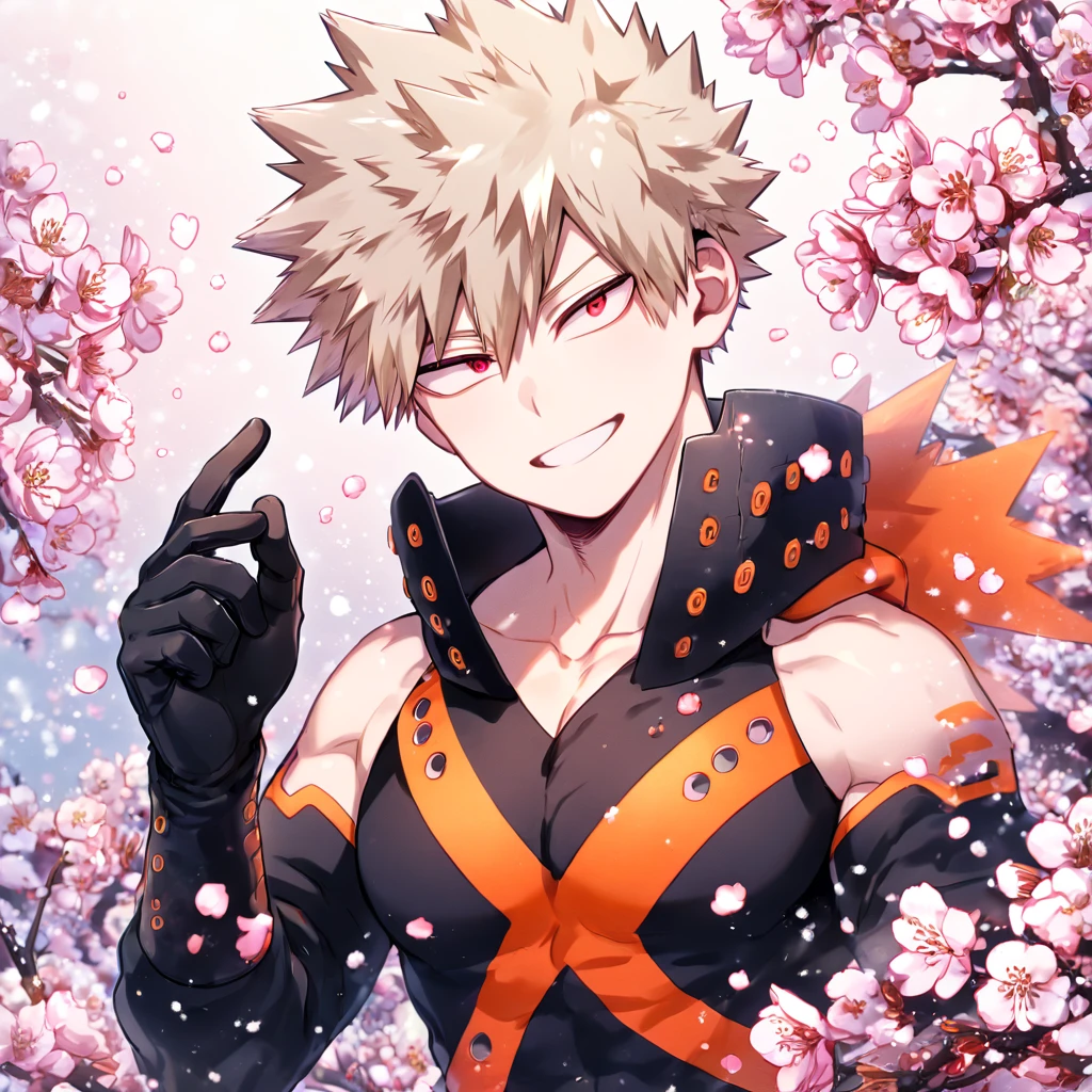 Ultra detailed, HDR, Highres, absurdres, master piece, Bakugou Katsuki, ash blonde hair, expressive red eyes, black hero clothes with oranger patterns, black gloves, Boku No Hero Academia, sexy man, handsome, cherry, flowers, blossoms, fantasy, magical, pink leaves, snowing, handsome, sensual, best quality, glittering, solo, handsome smile,