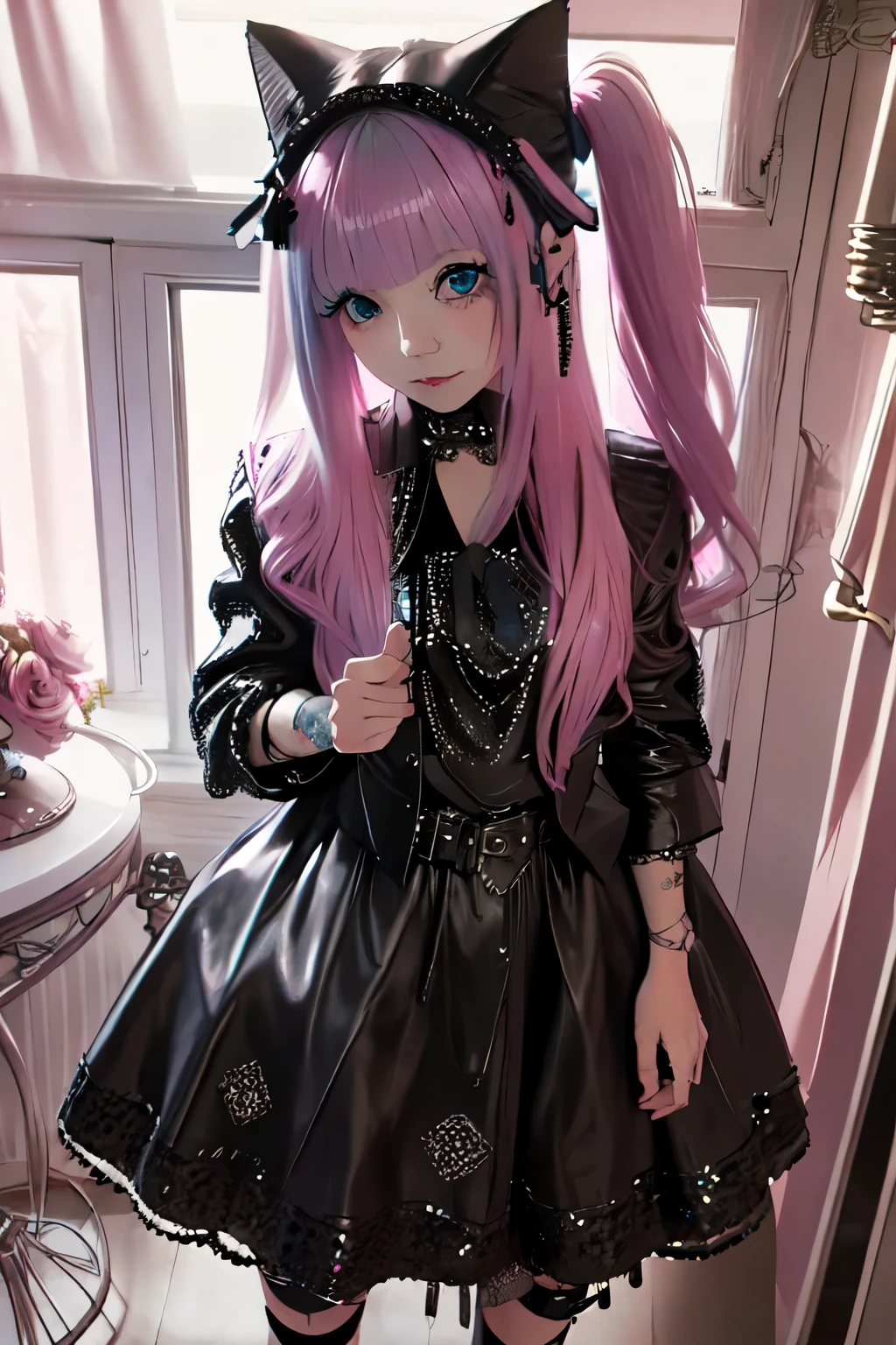 One girl, pink twin-tail hair, heavy makeup,wearing a black leather jacket、long skirt(Punk black maid's dress in sequinned fabric),Pose with hands on hips. lots of metal accessories, standing,in girls pretty girls room.