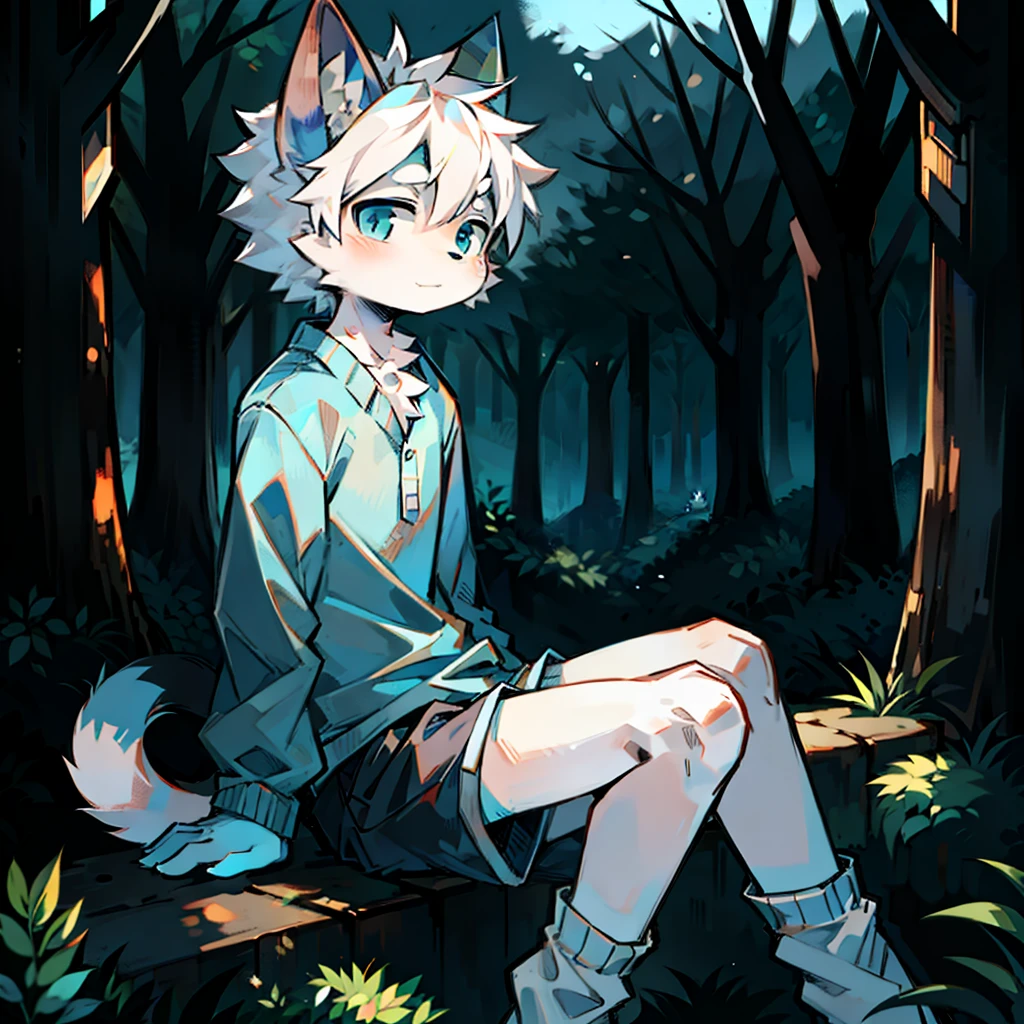 furry, cat boy,(White hair),(Dark gray skin),blue eyes,Sitting in the forest at night,((Wear long white socks)),Light blue pajamas and shorts,The only person,high quality