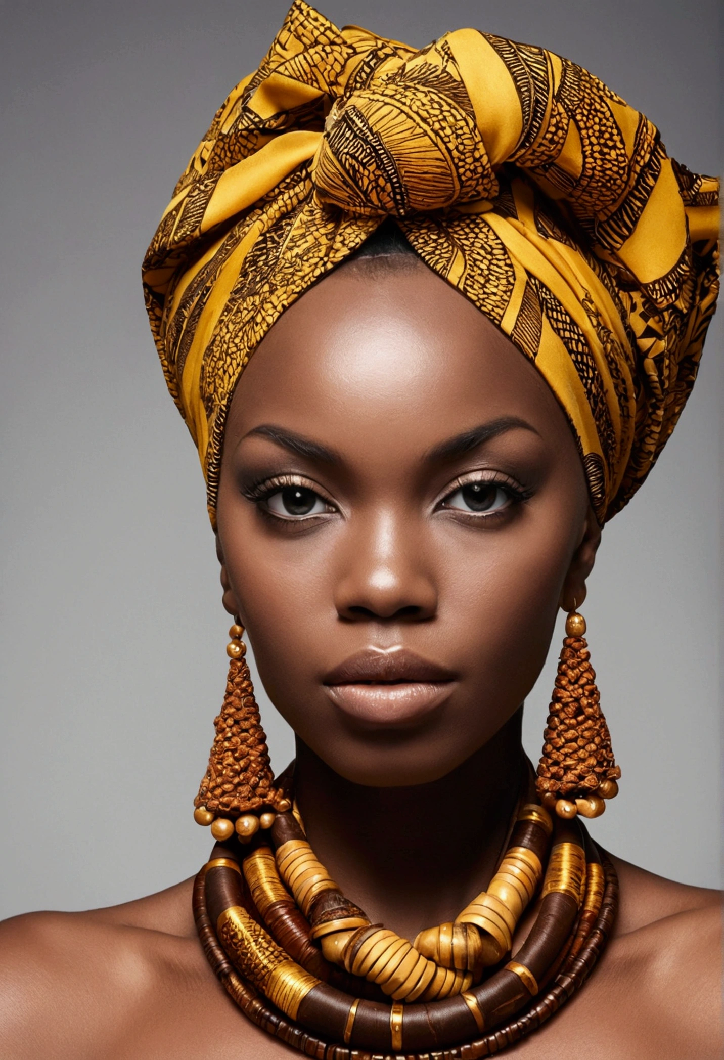 "Crée une photo réaliste d'une femme portant un élégant headwrap jaune et brun avec des motifs culturels africains. La photo doit capturer son élégance et sa sophistication, avec une attention particulière aux détails de son vêtement et accessoires. Le fond doit être neutre pour faire ressortir la beauté naturelle de la femme."