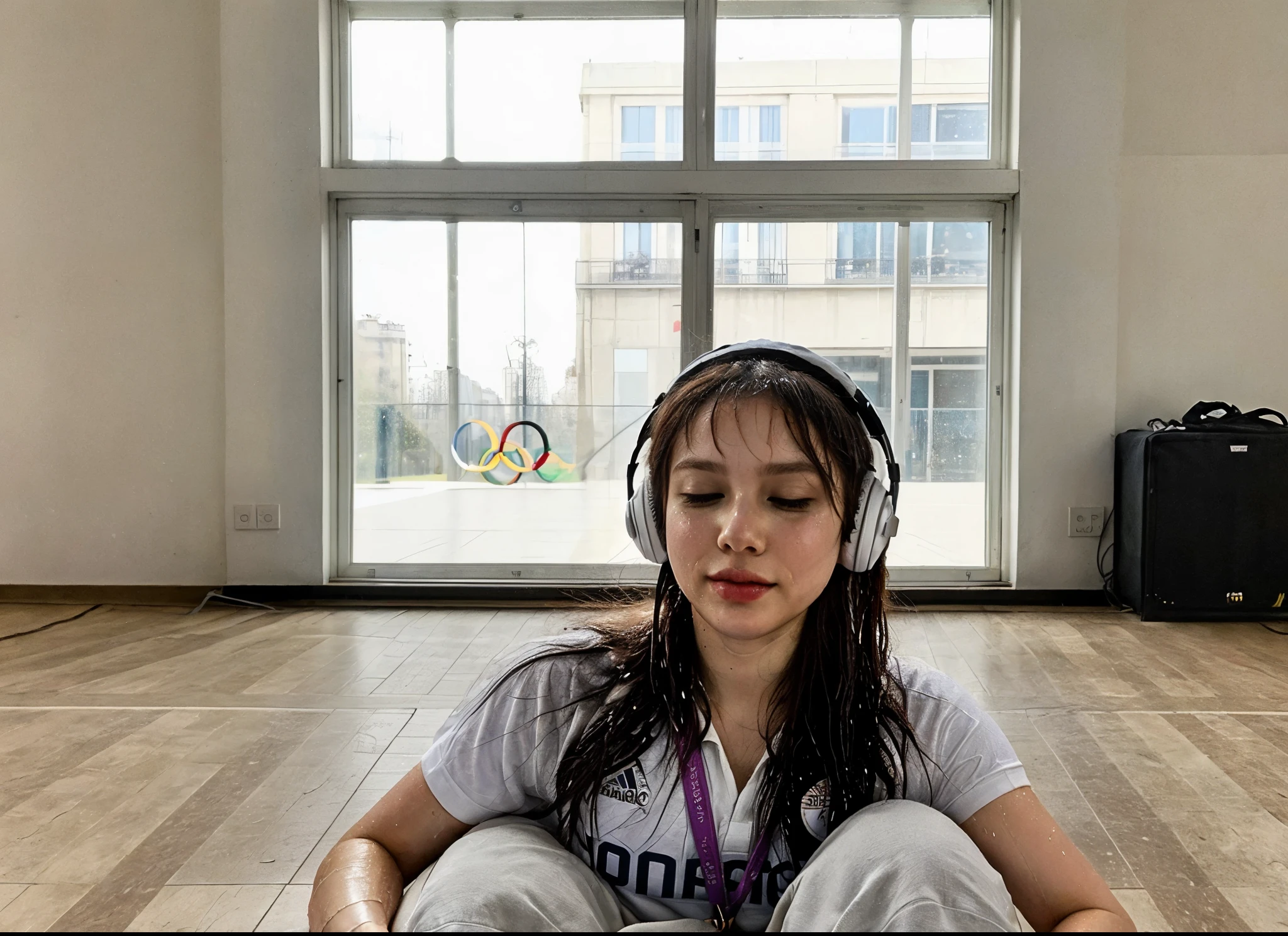 ((best quality)), ((masterpiece)), (detailed),
Olimpiade Paris 2024 logo, detailed texture , full body , white hat , use headset, listening music ,indoor, plump body, lie on relax chair, wet, full body , closing eyes,
artistic gymnastics olympics
