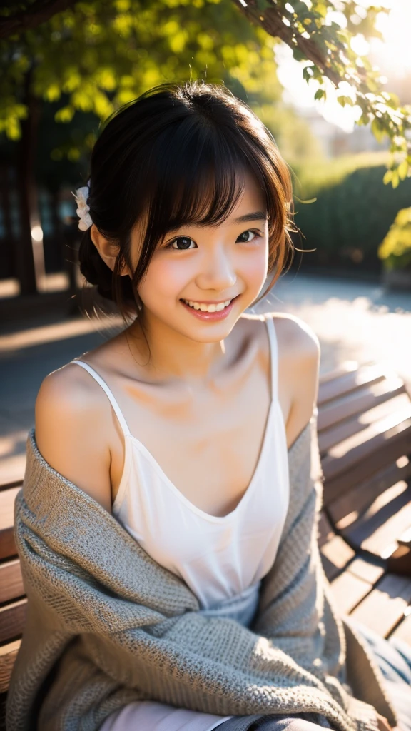 lens: 135mm f1.8, (Highest quality),(RAW Photos), (Tabletop:1.1), (Little Japan girl), Cute Face, (Deeply chiseled face:0.7), (Glowing Skin), dappled sunlight, Dramatic lighting, (No clothes),(Flat Chest),(Slender body), (at the park), shy, (Loose Shot:1.2), (smile),, (Sparkling eyes)、(sunlight)