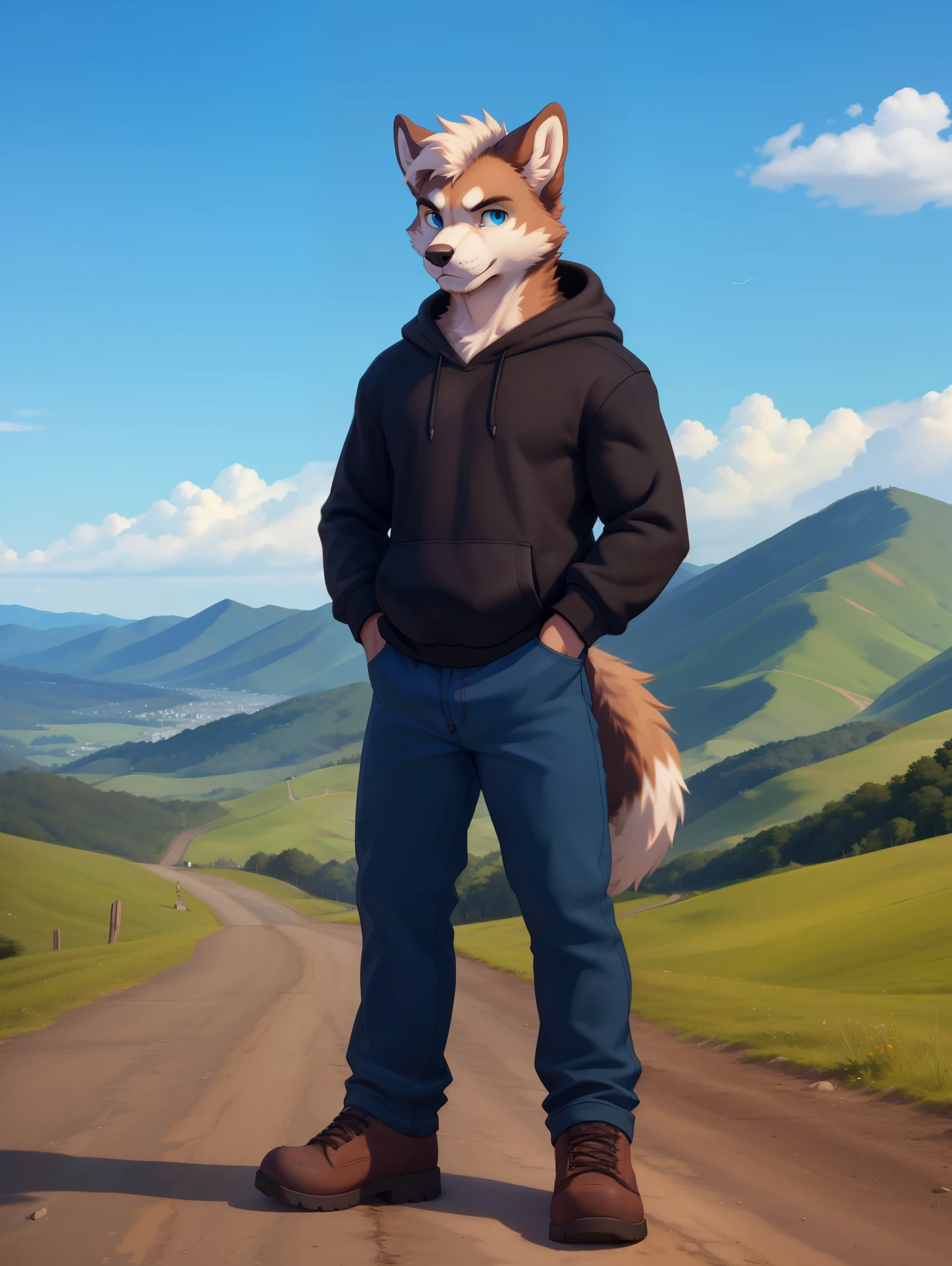 zorro,  blue pants, sky blue eyes, multicolored fur, White skin, dark brown fur, black fur, wearing a hoodie, Alone, posing on a green hill with a small town behind in the distance. old photography
