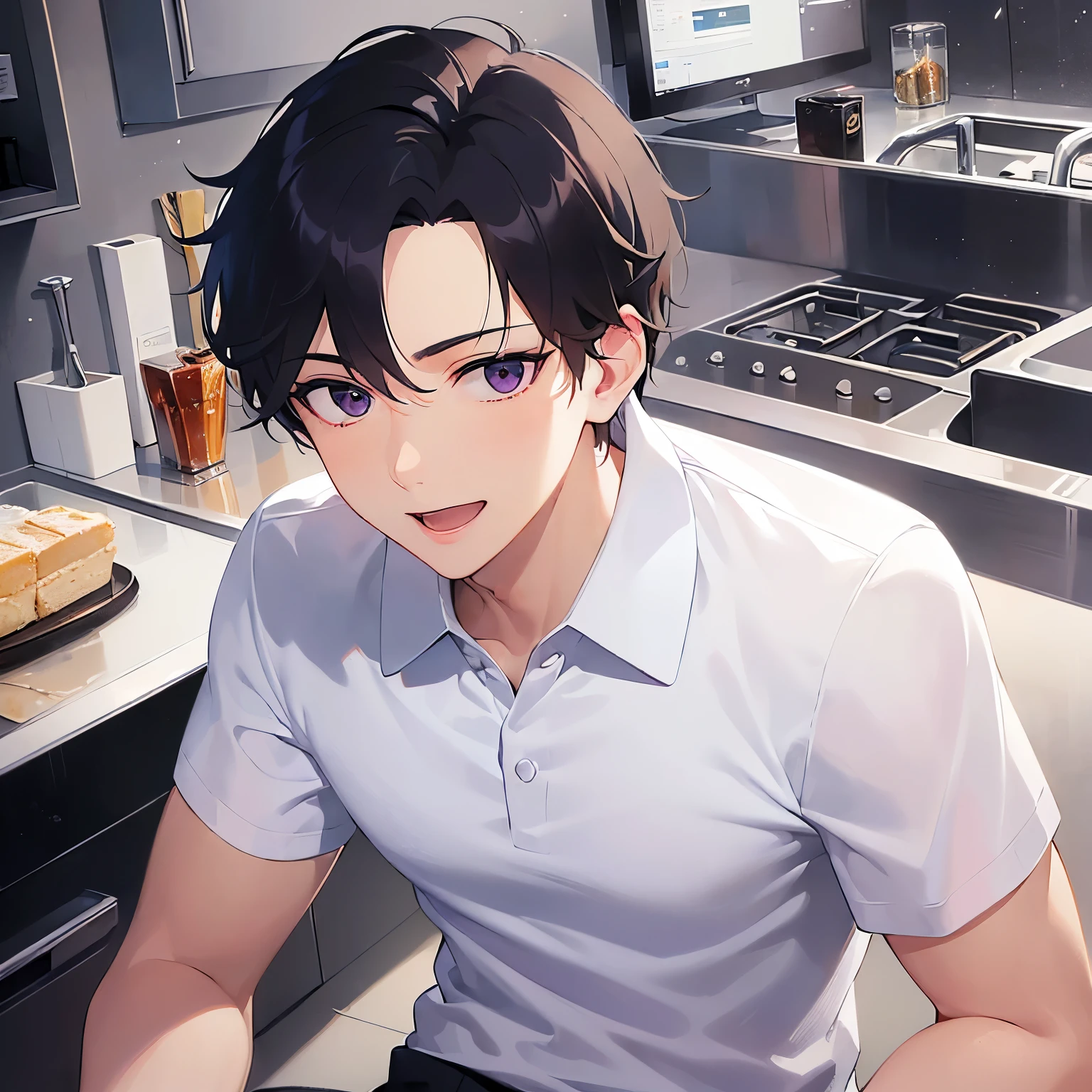 (looking away:1.5)shiny skin,masterpiece,Highest quality,(27-year-old male:1.5),BREAK(Black short hair) and (Purple eyes)BREAK,(White polo shirt:1.5),(smile),(open mouth),The background is the kitchen,(Alone:1.