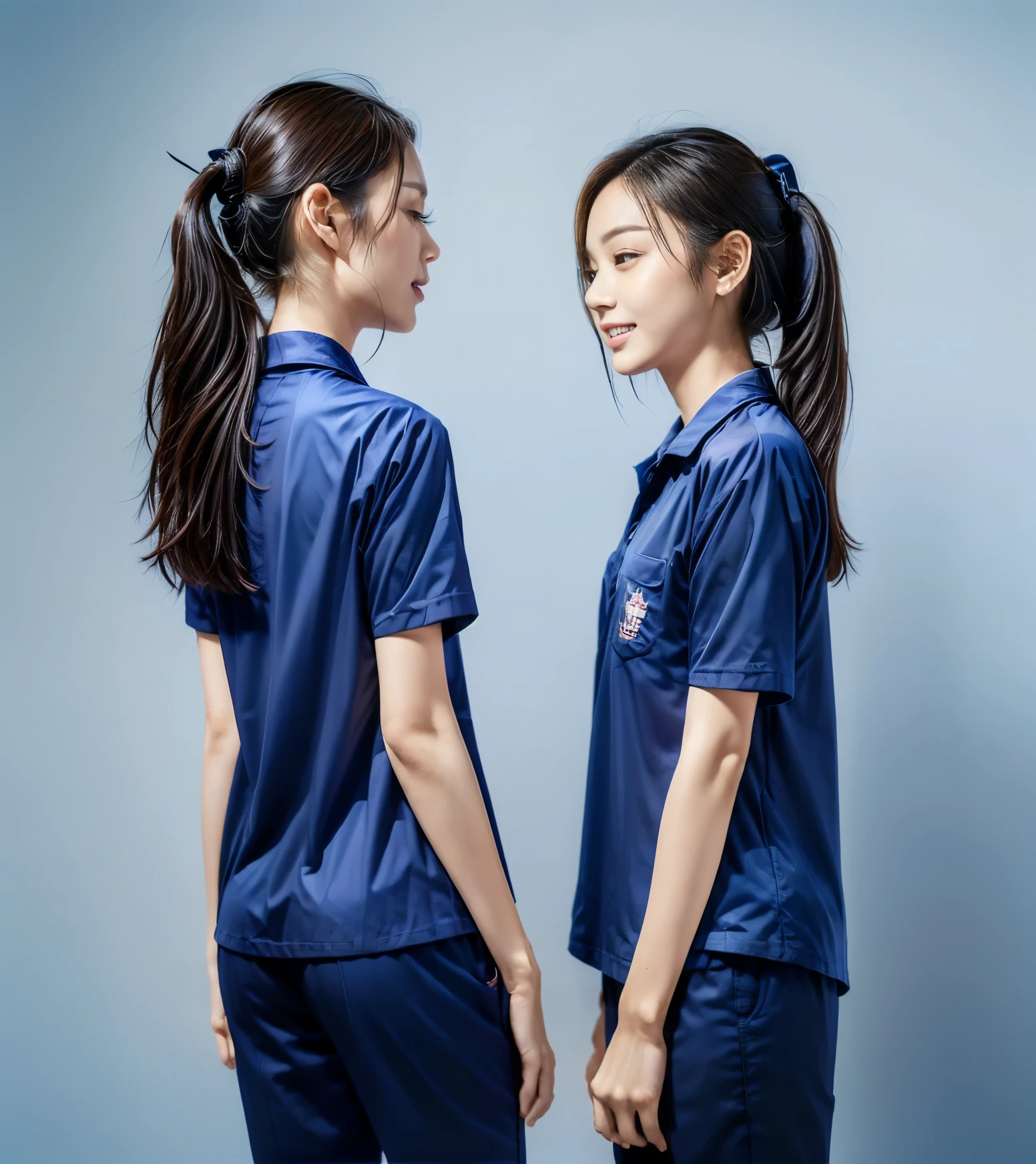 (best quality,10,10,height,Masterpiece:1.2),Special details,(realistic,ภาพrealistic,Realistic photos:1.37),1 Cute girl in the kitchen,shiny, ผิวshiny,only,smile softly,BDclothelue shirt:1.3)),short sleeve,shirt, กางเกงขาlong.,(navy_long_track pants:1.1), ((Kitchen Background)),Dynamic angle,excited,Face focus,dynamic poses,from behind,focus on ass,Masterpiece, best quality, ultra realistic, hyper detail, 8k resolution, raw photos, Sharp focus, ((Navy blue shirt:1.1)), short sleeve, เส้นทางlong, perfect body, 2 mature women, 18 years old, Cinema-grade lighting system,blue sweatpants,shirtผ้าออกกำลังกาย,correct anatomy,perfect body, correct body, Sharp face, correct bodyทางกายวิภาค, full body, realistic gestures, long-haired, realistic poses,Wear long shorts...........................,ช่วงขาlong,Good shape,carved girl, Slender figure, model, Good shape, beautiful body,blue sweatpants, two girls kissing