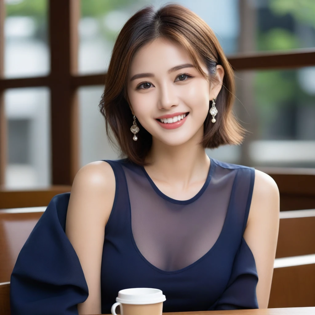 8K, Ultra-high resolution, best quality, masterpiece, Surrealism, photo, 1 girl, (16 years old:1.3), pretty girl, Cute face, 細部までbeautiful eyes, 細かくdetailedに,masterpiece,, A girl:1.2, Japanese female announcer, 一位beauty的女人, Wear a navy see-through shirt, Coffee Shop, Light Brown Messy Short Layers –, Perfect dynamic composition, beautiful eyes、Big earrings、sit on the chair, Perfect dynamic composition, beauty的细节, Fashion magazine coverのように, in the city,A bold gesture,Looking at the audience、beauty,Long Neck、Smile、Please close your mouth and smile、(((Ideal body shape))),A cup small breasts :2,、image:2、Perfect anatomical structure、鮮明なdetailed、detailed、Surrealism、Light and Shadow,glare,Fashion magazine cover,Thin lips