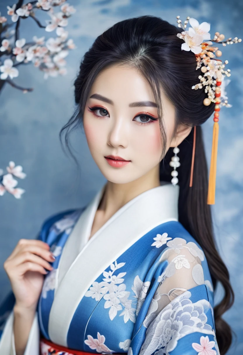 delicate makeup, beautiful Japanese woman with a slender body, white skin and angelic face, long hair up., wearing a Japanese kimono style dress with lace details, blue and gray colors.