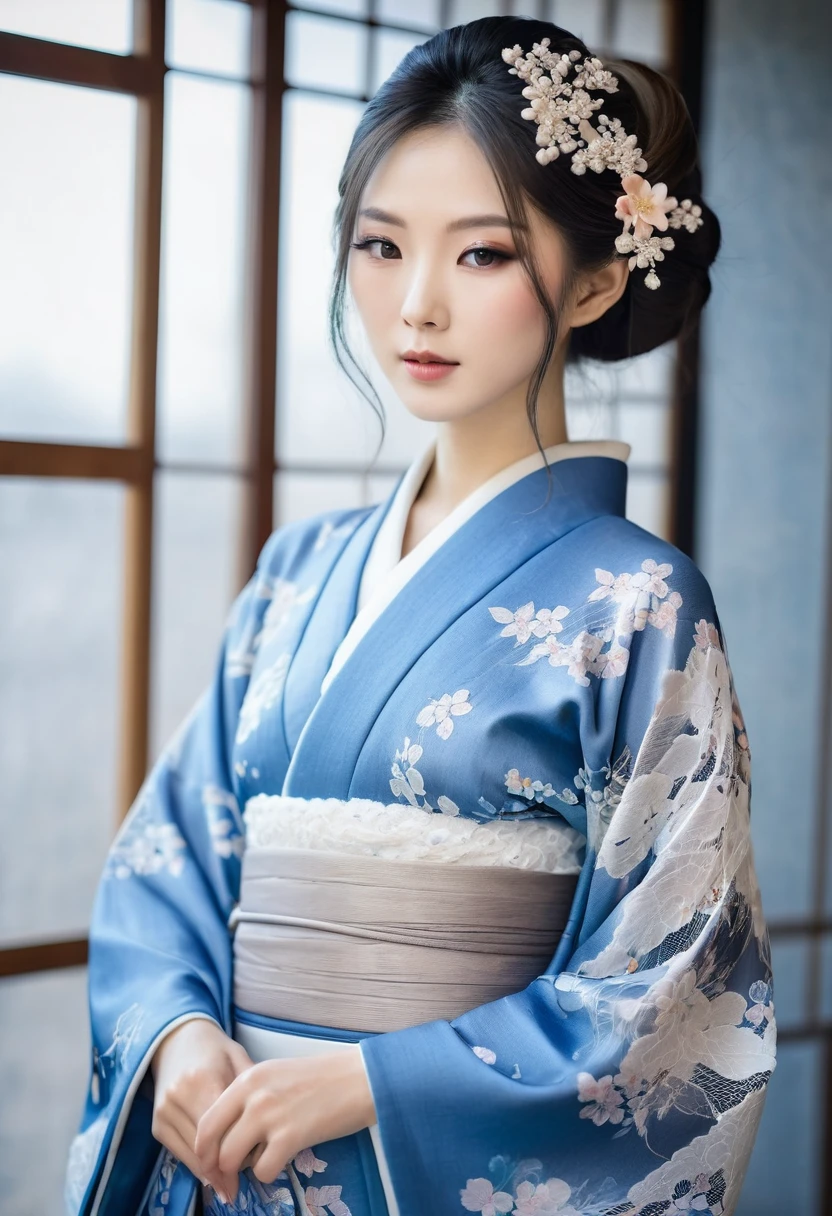 delicate makeup, beautiful Japanese woman with a slender body, white skin and angelic face, long hair up., wearing a Japanese kimono style dress with lace details, blue and gray colors.