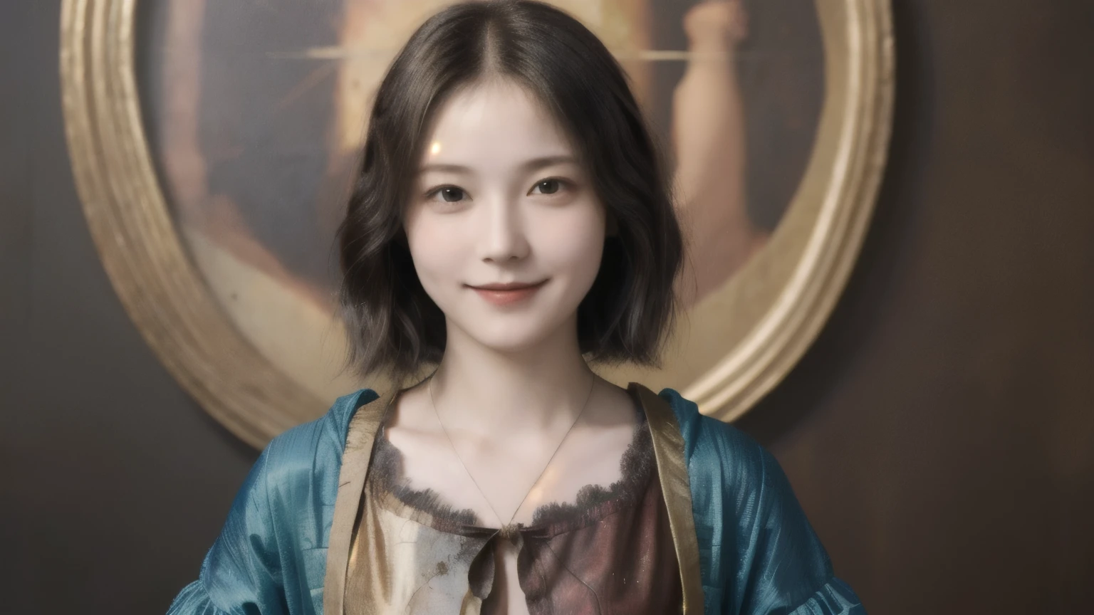 262 20-year-old female,(Short Hair 46),(Real,chest:1.5),Archaic Smile,(Paintings by Leonardo da Vinci),flower