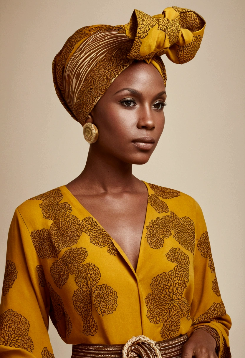 "Crée une photo stylisée d'une femme portant un ensemble coordonné avec un headwrap jaune et brun. L'accent doit être mis sur les motifs et les couleurs de son vêtement, ainsi que sur ses accessoires élégants. La photo doit avoir un style moderne et contemporain, parfait pour un post Instagram."