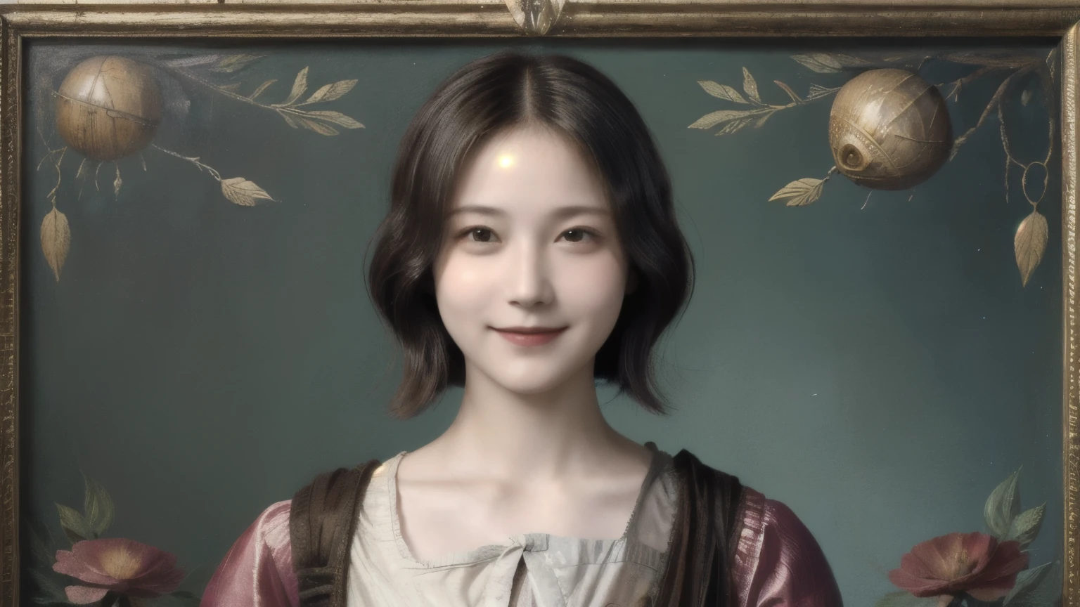 262 20-year-old female,(Short Hair 46),(Real,chest:1.5),Archaic Smile,(Paintings by Leonardo da Vinci),flower