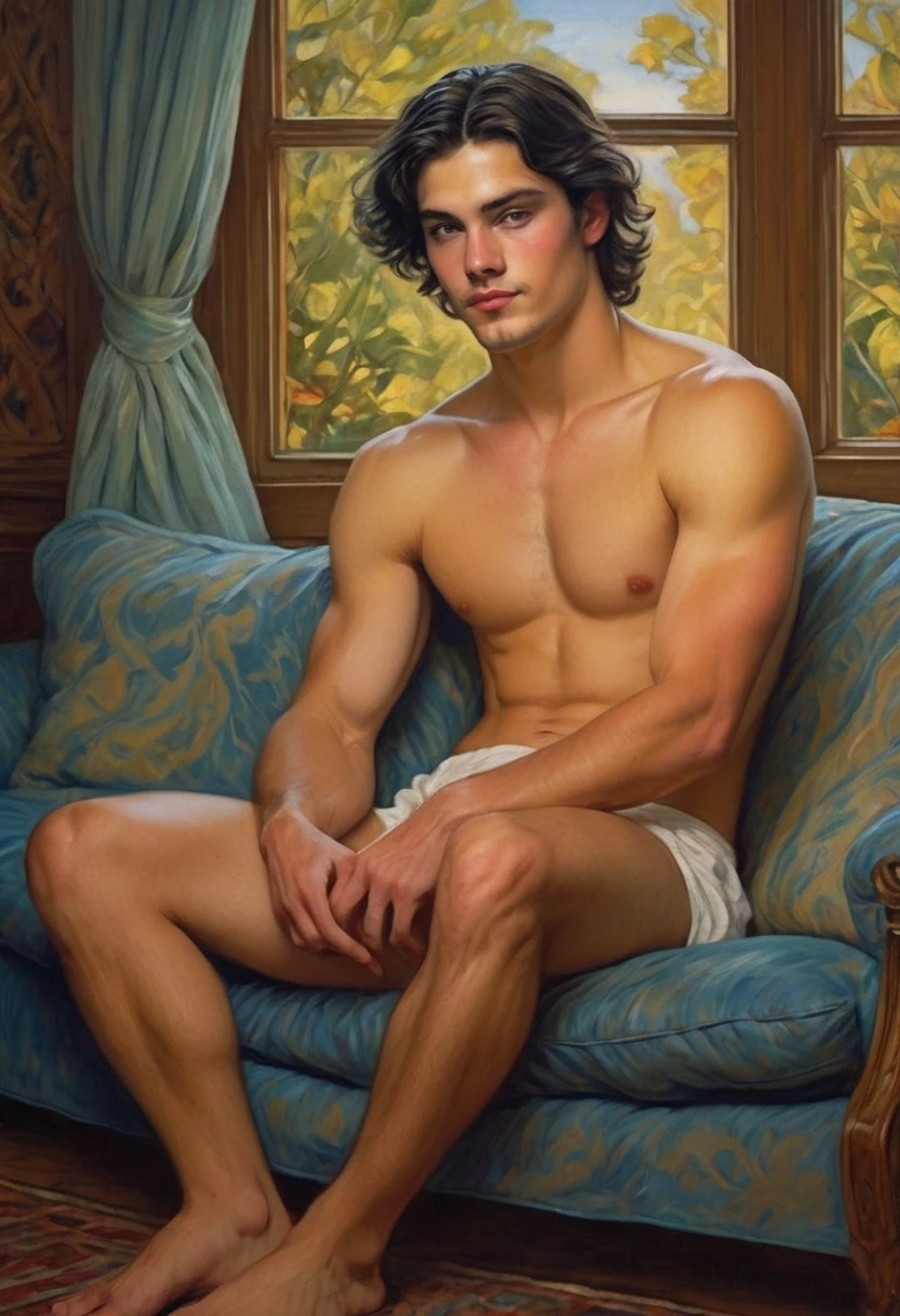 homoerotism illustration , symetric composition, oil painting in paul chabas and paul cadmus style, vivid colors, intricated details, A stunning ((naked young man raised legs to see his hairy anus feet on the couch erected penis,)) in the living room with large window to see the forest, ((he is shirtless, pantless, barefoot small erected penis,)) and gazes directly at the viewer with bright blue eyes and a happy expression. His black hair falls across his square chin, and his full lips curve upward in a smile. The lighting is warm and intimate, casting no shadows. In the background, cotton fields stretch out behind a grand plantation house. Focus on ultra-detailed rendering of his pecs, abs, biceps, and shoulders, with a hint of waist definition. The painting style is classical, with an emphasis on fine details like skin texture and facial features. The young man's body tilts slightly to one side, drawing the viewer's eye to his smooth and delicate skin. His eyes are big and delicate, open wide in a sensual gaze that seems to beckon the viewer closer. The overall atmosphere is one of lustful intensity, with deep colors and a sense of intimacy. The depth of field is 1.2, allowing for a clear view of the subject's abdominal muscles