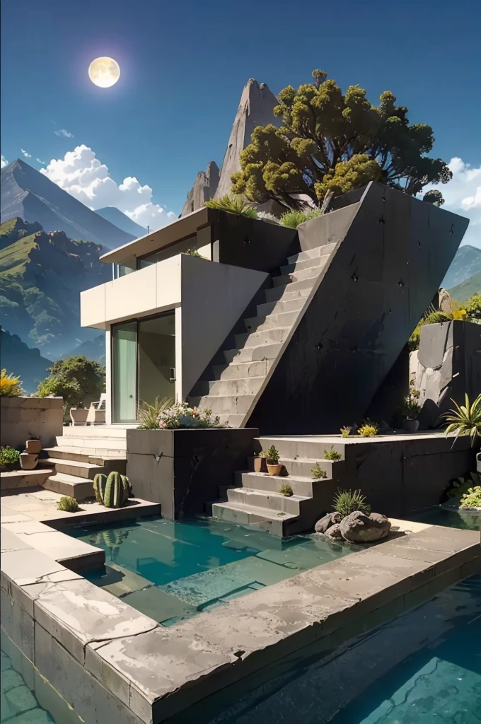 small and beautiful modern house in top of big boulders, terraces, pool, stairs, multiple cacti gardens, palms, trees, rocks, beautiful landscape design, mountains and volcano y background, amazing clouds, sun, moon, planets, milky way galaxy, concrete, wood, glass and steel materials, olive green, violet, orange and withe colors in facade, Abstract & Organic Shapes, Texturas, concrete, vidrio, piedras, Grandes rocas, piscina reflectante, (((A small bridge))), en el espacio, luna, jupiter, Organic sculptures in concrete with violet color, espacio exterior, milky way, Meteoritos, vulcano, Small river and lake, Modern, minimalist cottage on the edge, An illustration in collage style, con rocas gigantes, Brutalist construction sections, escalera, cacti, Agave, concrete texture, Multiple geometric shapes, Hatching & Cross Striping, Planeta Saturno, vulcano, luna, Architectural-style construction by Luis Barragán