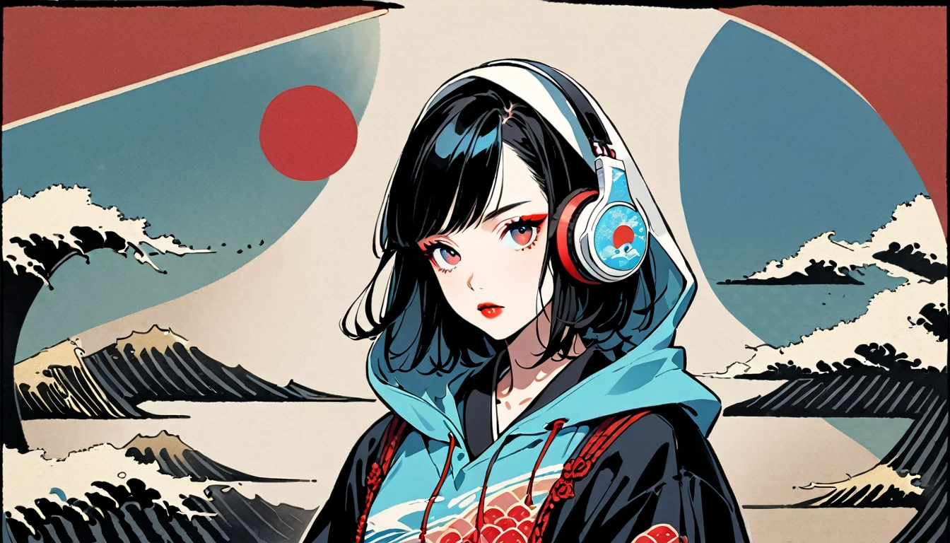 (((1 girl))), (((Ink Painting))), Fashion portrait color photos, (((Flashy makeup))), (((Japanese style headphones))), (((Japanese pattern hoodie))), (((Put on the hood))), Japan人の美少女, Black Hair, Delicate and precise, Modern ukiyo-e style,Japan, Japanese flag, red and blue neon