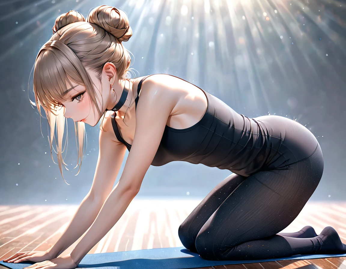 from side, beautiful woman, yoga exercises, yoga all fours pose, cool and sadistic, amorous and lewd face, make-up, light brown messy single hair bun, great slender proportion, wearing knit tight fit yoga uniform, choker, (ultra detailed, absolutely resolution, best quality:1.3), 2.5D, delicate and dynamic, hyper realistic, artistic photography, graphic CG digital art, shading effects, gradation magic effects, glitter effects, sunlight effects, foggy filter effects, background yoga studio