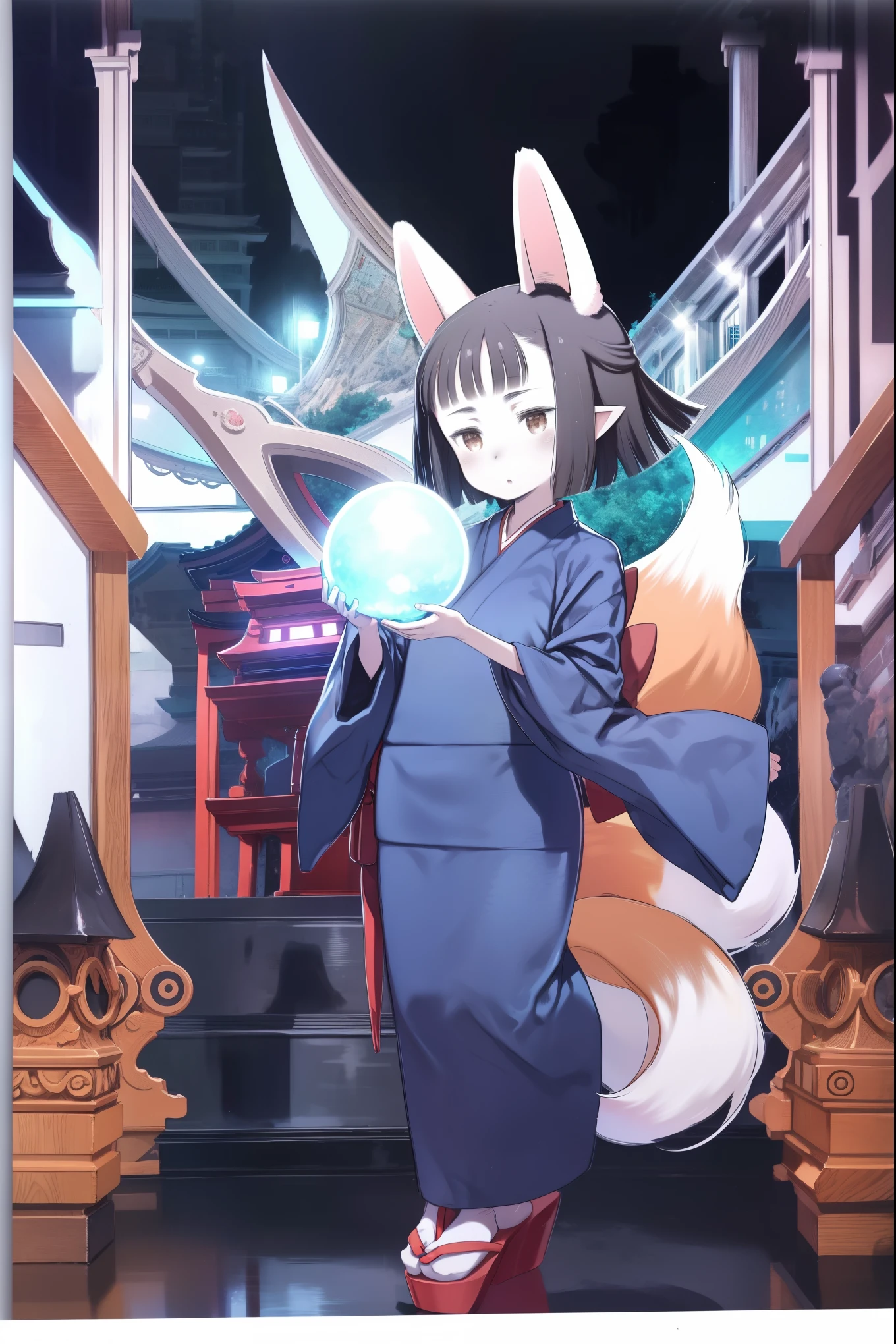 Hasaha, 1girl, young_teen, soro, brown eyes, animal ears, black hair, pointy ears, short_ hair, fox ears, bangs, blunt bangs, forest, sky, full body,
japanese clothes, kimono, tail, blue kimono, fox tail, crystal ball,
masterpiece, high quality, very_high_resolution, large_filesize, full color,night_town_landscape, cobblestone_road