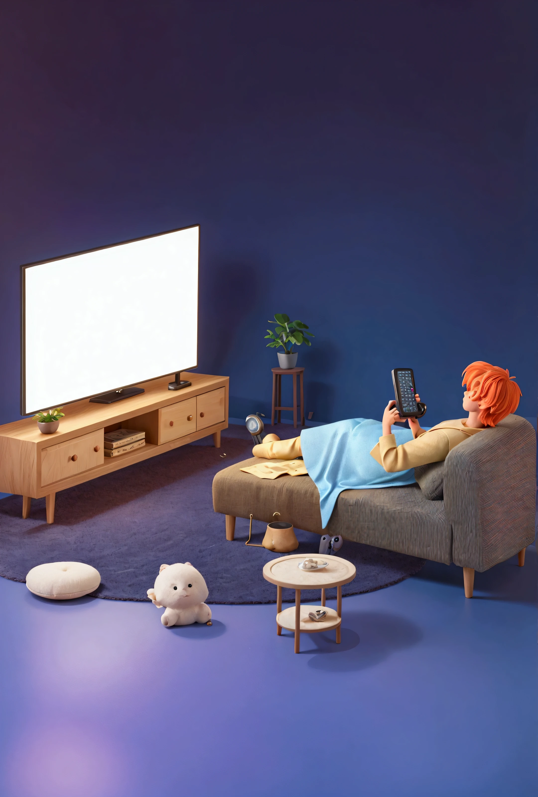 Man lying on the sofa watching TV,Holding the remote control,masterpiece, best quality, (Extremely detailed CG unity 8k wallpaper), (best quality), (Best Illustration), (Best shadow),Realistic lighting,Beautiful and delicate light, Artworks by Peter Mohr Bacher,Detailed depiction,Detailed depiction,Detailed depiction of hands,Detailed depiction of feet,Detailed depiction of face,HairDetailed depiction