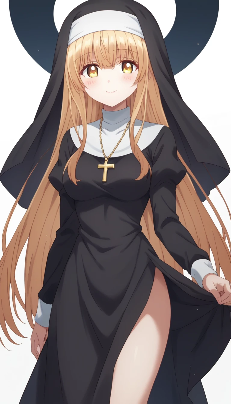 score_9, score_8_up, score_7_up, rating_safe, 1girl, solo, MahiruShiina, otonari no tenshi-sama ni itsu no mani ka dame ningen ni sarete ita ken, shiina mahiru \(otonari no tenshi-sama\), yellow eyes, blonde hair, long hair, straight hair, medium breasts, nun, habit, black dress, necklace, bare legs, cowboy shot, looking at viewer, simple background, white background, blush, smile, closed mouth