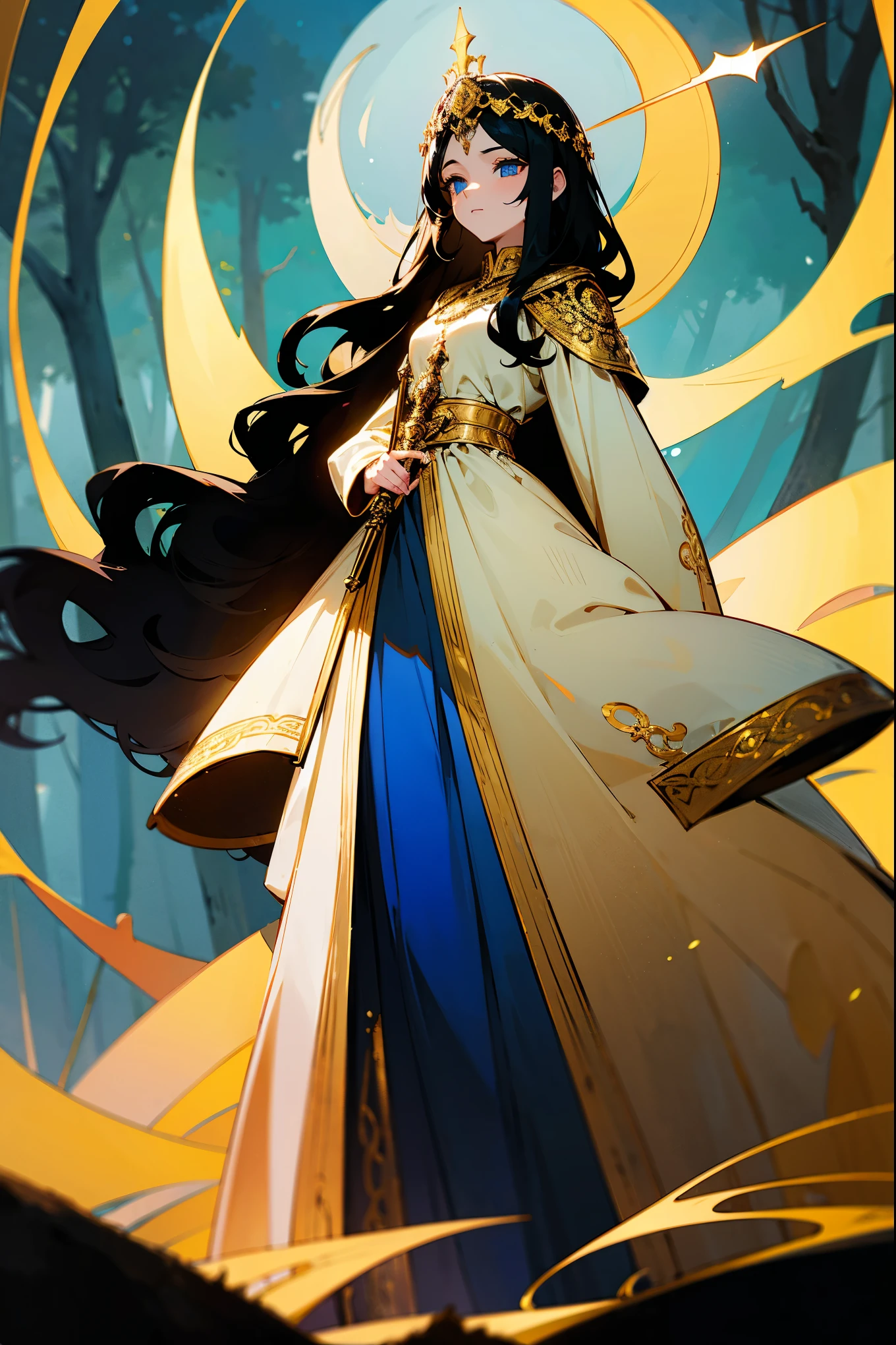 1female, wavy black hair, bright blue eyes, golden circlet, white medieval gown, ornate staff, elegant, standing on a forest path, moonlit glade background, masterpiece, 8k.