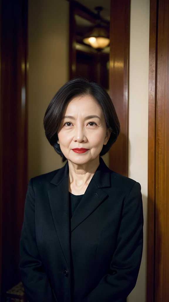 Masterpiece, ((Great focus)), 32K, Beautiful finish, Chinese, Beautiful mature woman、60-year-old woman、Photo of your ID、Red lips, Thin lips, suit、Round 1, Light from the front,