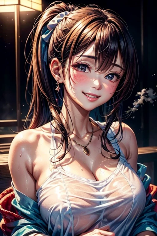 Japanese hot spring resorts,(Hot water smoke to prevent visibility,Steaming steam,water vapor:1.3),(Rock bath open-air bath:1.3),(Take a deep shoulder soak in the open-air bath:1,3),(Hide your breasts with a hand towel),Blushing、Laugh shyly、(Beautiful girls)、(Short reddish brown hair、hairpin、ponytail、Floating Hair、)huge 、blush with embarrassment、Dreamy eyes、A smile that captivates the viewer、Take a look at the photographer、Sweaty skin、Staring at the audience,48 years old 、necklace、Earrings、Pointed red mouth,Perfect round face,,Proper body balance,Intricate details,Very delicate and beautiful hair,Photo Real,dream-like,Professional Lighting,Realistic Shadows,Focus Only,Beautiful Hands,Beautiful fingers,Detailed characteristics of the fingers,Detailed clothing features,Detailed hair features,Detailed facial features,(Tabletop,Highest quality,Ultra-high resolution output images,) ,(8K quality,),