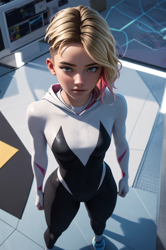 (ultra realistic,32k, masterpiece:1.2),(high detailed skin:1.1),( 8k uhd, dslr, high quality:1.1),
 Gwen, undercut, blonde, multicolored hair, bodysuit, web-print, hood down, , (small breast:1.1), 
(looking at viewer, standing, from above:1.1),,
,(beautifully lit:1.1),mind-mapping institute, neural network research, brain mapping technology, cognitive exploration