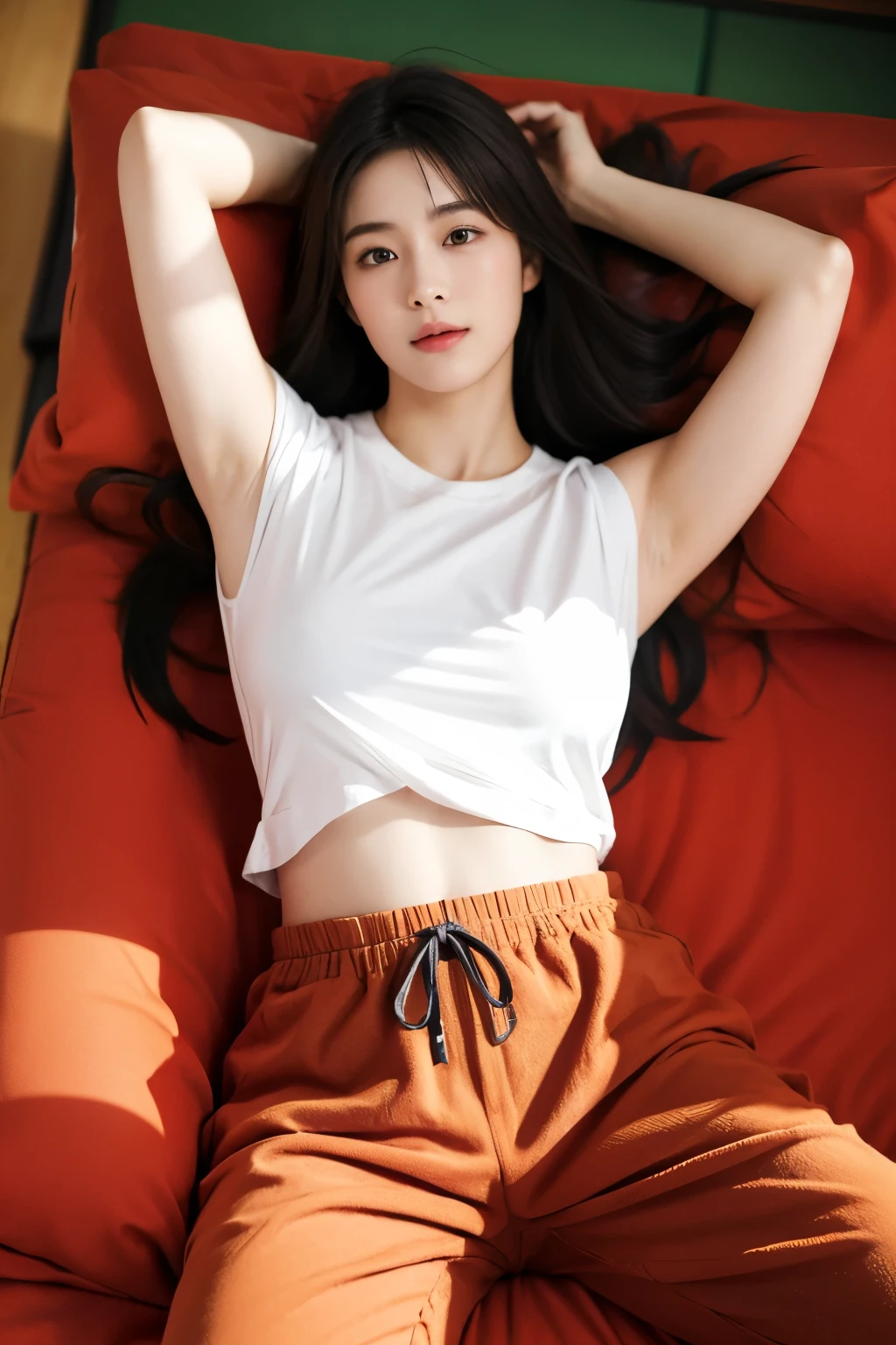 Lying on a futon in a Japanese-style room, Pajama pants, Round Neck T-Shirt, Armpits are visible, Armpit hair, A beautiful and well-proportioned face that anyone can see, Realistic photos, High resolution