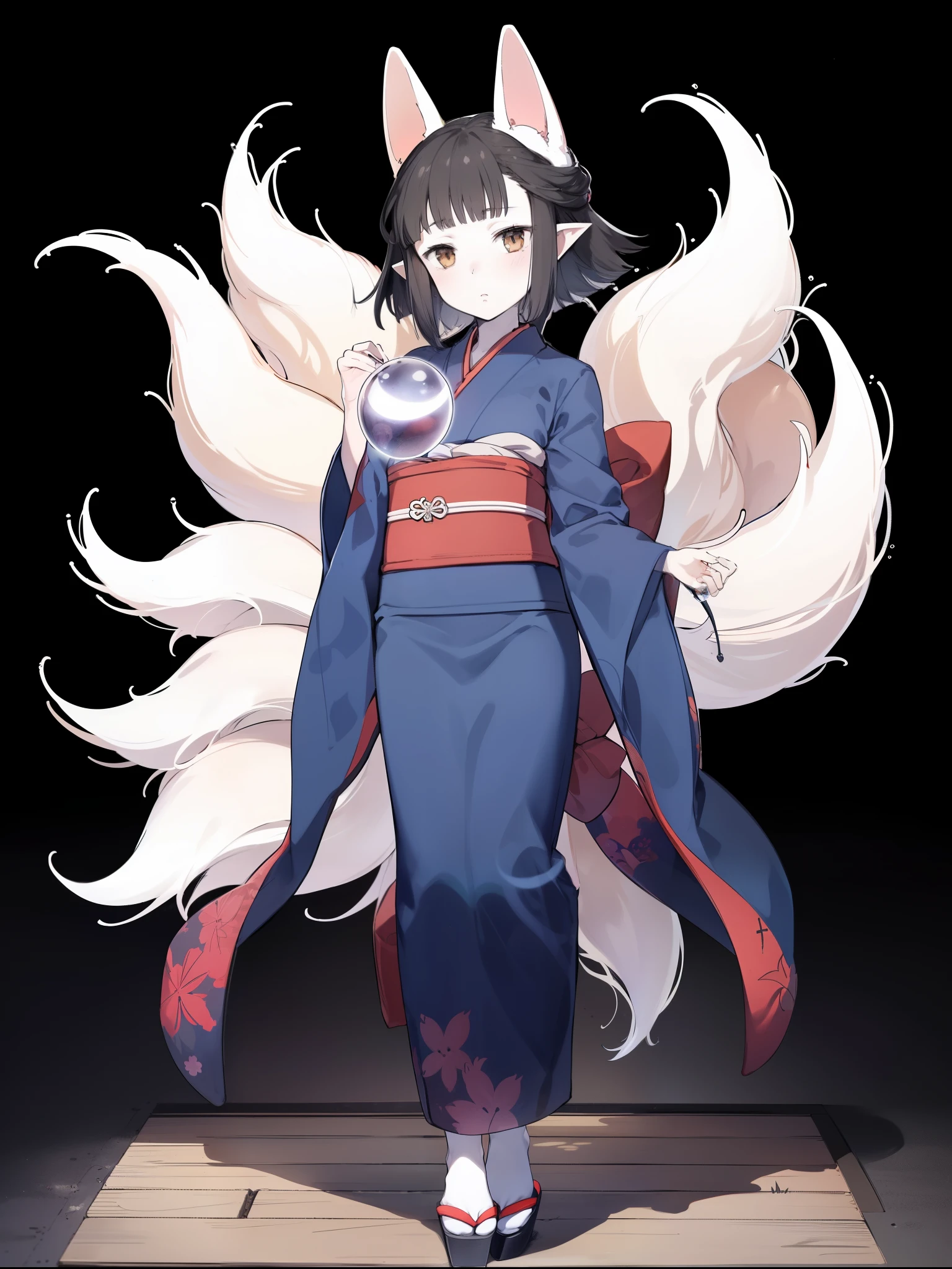 Hasaha, 1girl, young_teen, soro, brown eyes, animal ears, black hair, pointy ears, short_ hair, fox ears, bangs, blunt bangs, forest, sky, full body,
japanese clothes, kimono, tail, blue kimono, fox tail, crystal ball,
masterpiece, high quality, very_high_resolution, large_filesize, full color,night_town_landscape, cobblestone_road
