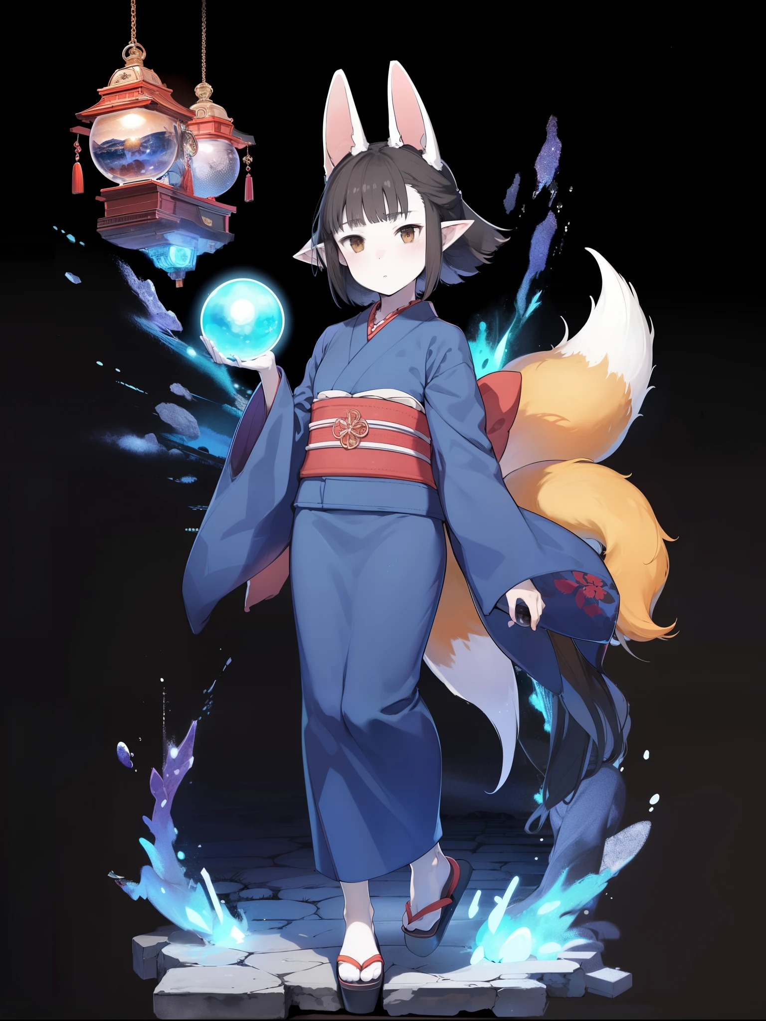 Hasaha, 1girl, young_teen, soro, brown eyes, animal ears, black hair, pointy ears, short_ hair, fox ears, bangs, blunt bangs, forest, sky, full body, 
 japanese clothes, kimono, tail,  blue kimono, fox tail, crystal ball,
 masterpiece, high quality, very_high_resolution, large_filesize, full color,night_town_landscape, cobblestone_road