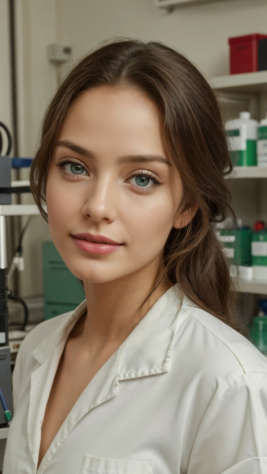 masterpiece, best quality, 5. ((best quality)), ((masterpiece)), ((realistic)), portrait of a young scientists in a lab, (compassionate expression and professionalism:1.2), [caring green eyes], [scrubs and lab equipment], (busy lab environment:1.3), [research setting], (highlighting the dedication to research:1.2), [occupational realism], (8k resolution:1.2), realistic red lipstick, long and brod lips, little smile, realistic skin textures, details of model,