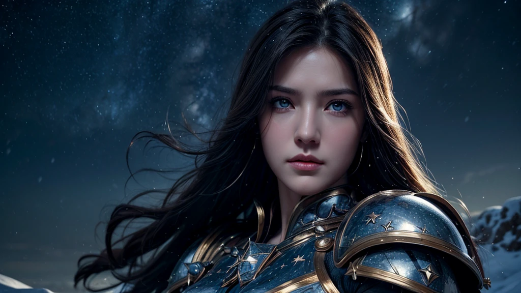 masterpiece, rest, best quality, Very detailed, Super real, 16K, high resolution, Snow Castle, ((Starry Sky)),Female Warrior,Gorgeous armor,Complex Mode,Pretty Face,Closed mouth,dramatic,Medium shot,Glowing eyes,Large Breasts
