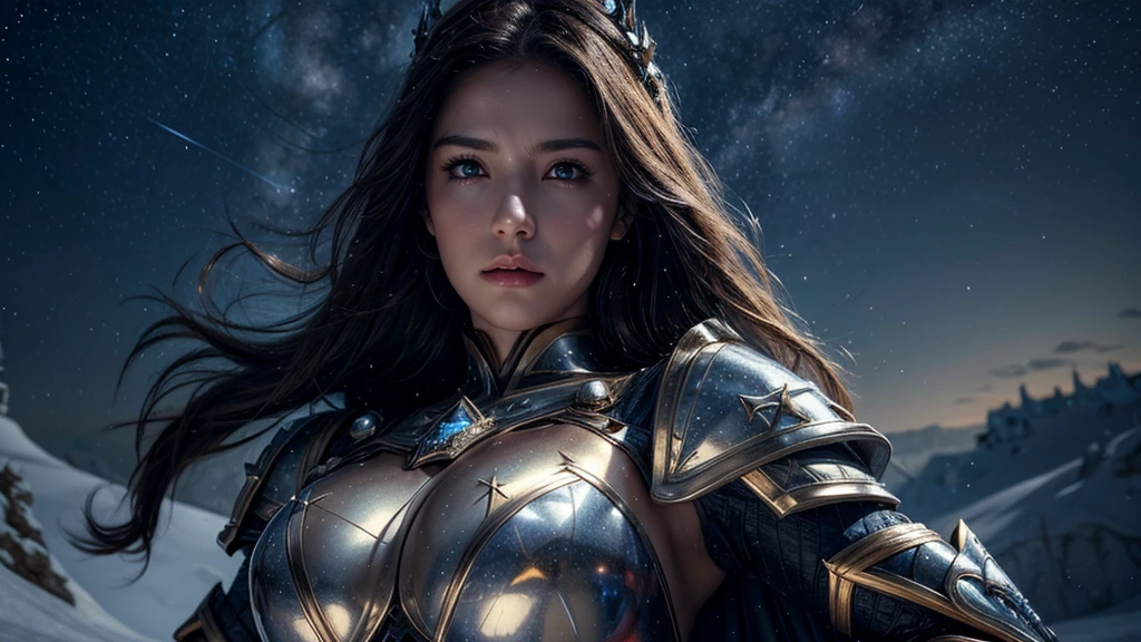 masterpiece, rest, best quality, Very detailed, Super real, 16K, high resolution, Snow Castle， ((Starry Sky)),Female Warrior，Gorgeous armor，Complex Mode，Pretty Face，Closed mouth，dramatic，Medium shot，Glowing eyes，Large Breasts