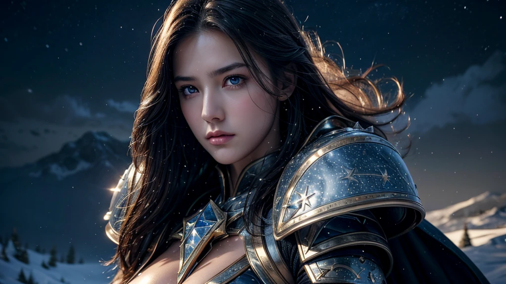 masterpiece, rest, best quality, Very detailed, Super real, 16K, high resolution, Snow Castle, ((Starry Sky)),Female Warrior,Gorgeous armor,Complex Mode,Pretty Face,Closed mouth,dramatic,Medium shot,Glowing eyes,Large Breasts