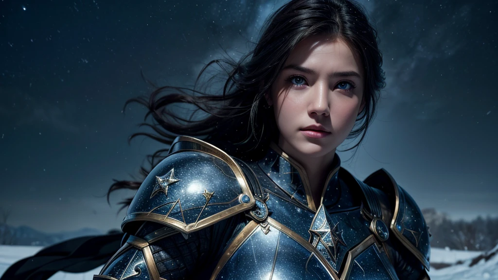 masterpiece, rest, best quality, Very detailed, Super real, 16K, high resolution, Snow Castle, ((Starry Sky)),Female Warrior,Gorgeous armor,Complex Mode,Pretty Face,Closed mouth,dramatic,Medium shot,Glowing eyes,Large Breasts