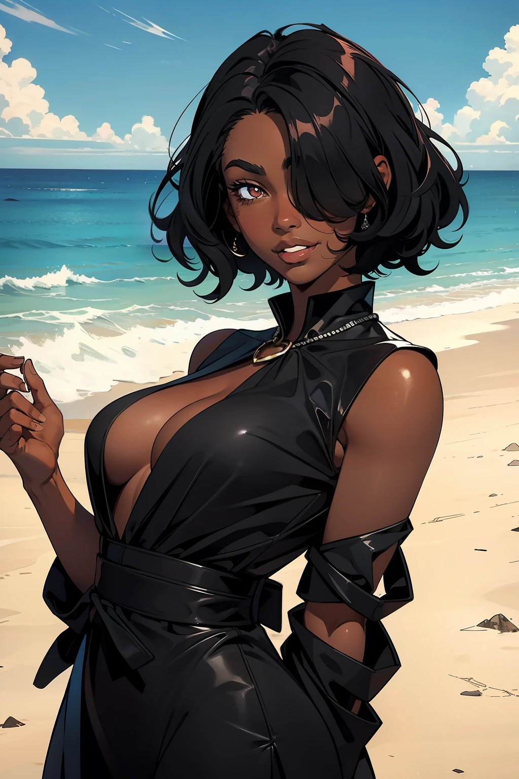 rompts
Copy
tmasterpiece, Best quality at best, beautidful eyes,Black pupils,Be red in the face,Black color hair,(black-skinned)Black skin, 1girll,solo, with short black hair,mInsufficient tailoring, Hair is more than one eye,sea beach,The skin is translucent,Close-up shot,smile,looks into camera,Close up,