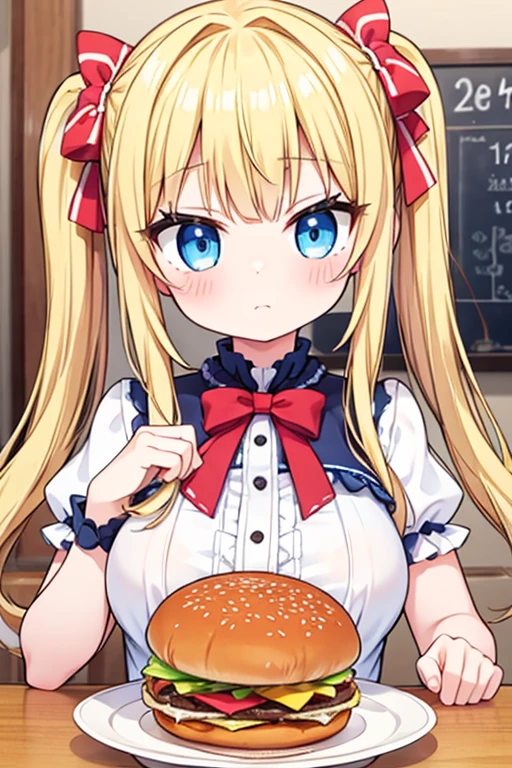 Eat a giant burger,Highest quality,Blonde with blue eyes、Lolita、Small breasts、Twin tails、girl'enjoy,Smile,
