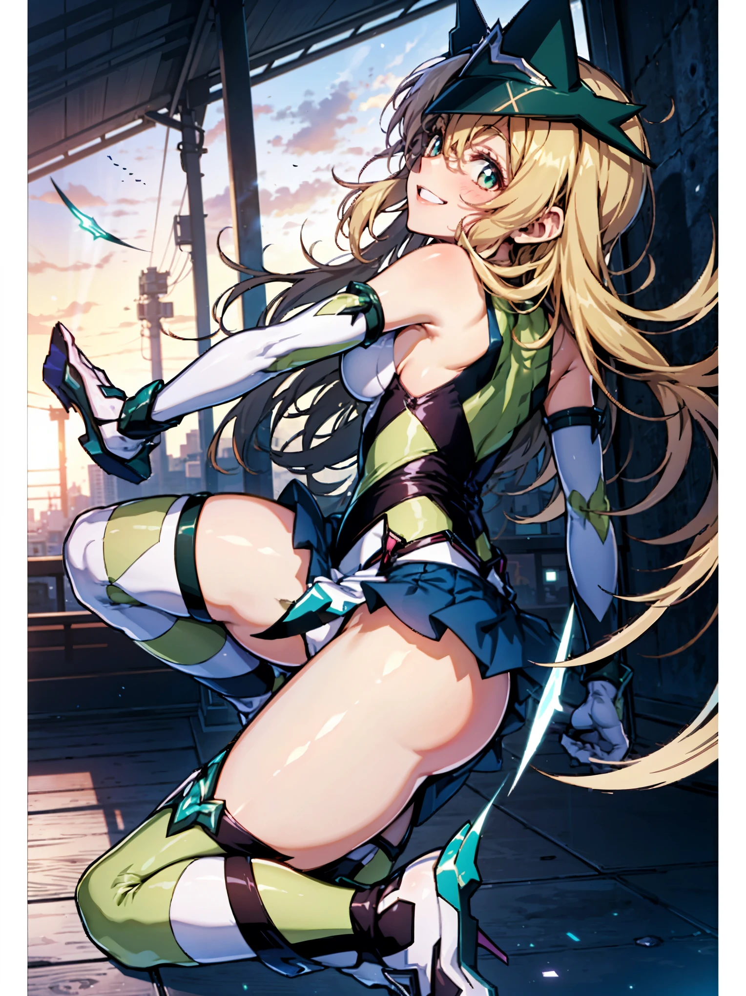 (Extremely detailed CG), (Highest quality),(full body),(( Spread your legs,Strike a Pose)),1 _girl,alone, Akatsuki Kirika,symphogear,Perfect Face, Glowing Skin, Glowing Skin, Wide Hips,Tight waist,Knee-high boots,Elbow Bag,1 girl, Long Hair, Big Breasts,Thick thighs,sunset,Octane,(rise_leg:1.2),(leg_in_front_of_girl:1.3),rise_feet,stretch_knee,rise_sole,rise_heel,rise_ toes,rise_ankle,(stretch_leg:1.1),(Buttocks:0.6),big_smile, laugh,back_knee,I-shaped_balance,stretch_knee_back,crotch,
