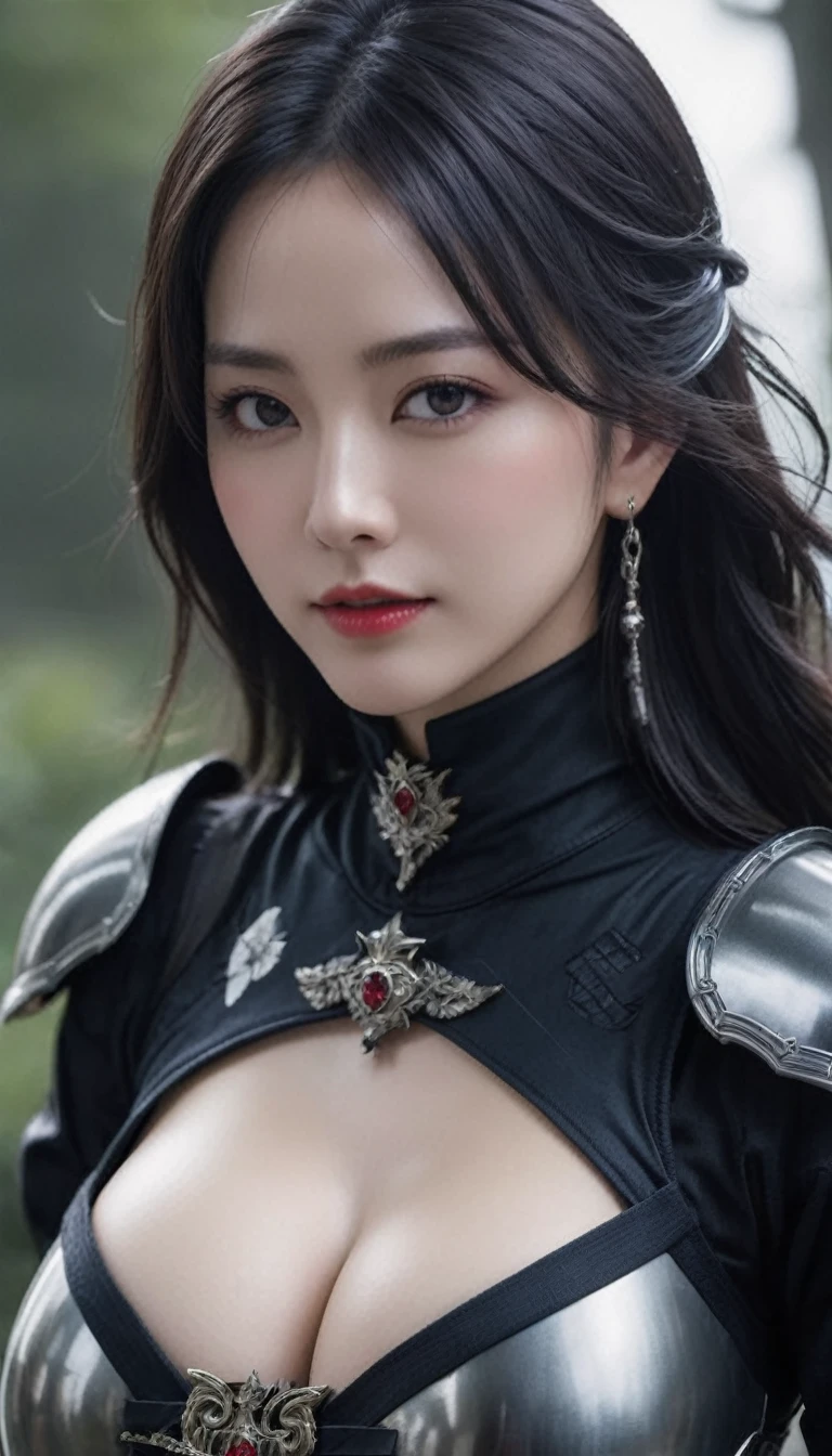 masterpiece,Highest quality,High-ranking knight,(女性Black Knight_Black Knight:1),(Jet black full body armor:1.3), (35歳の女性Black Knight:1.3),、Very large ample breasts　Big big cleavage　,Hyper Real,中世ヨーロッパのbattlefieldにいる,Beautiful smile、British women、Delicate skin texture to the smallest detail、Detailed blue eyes　(((非常にBig big big boobs)))、(キレイな中年女性Black Knight)、(Fluffy long blonde hair)、Dense and dense skin texture、(((Very large breasts)))、女性Black Knight、(((Big big cleavage)))、(((Big big big boobs)))､Jet Black Armor、Jet black long boots、jet black earrings、Red lips、(((Jet black full body armorを身にまとった)))、jet black gloves、((She has a fancy long sword))、The sword is ornately decorated..........................、((The blade is crimson))、(女性Black Knight)、(battlefield)、