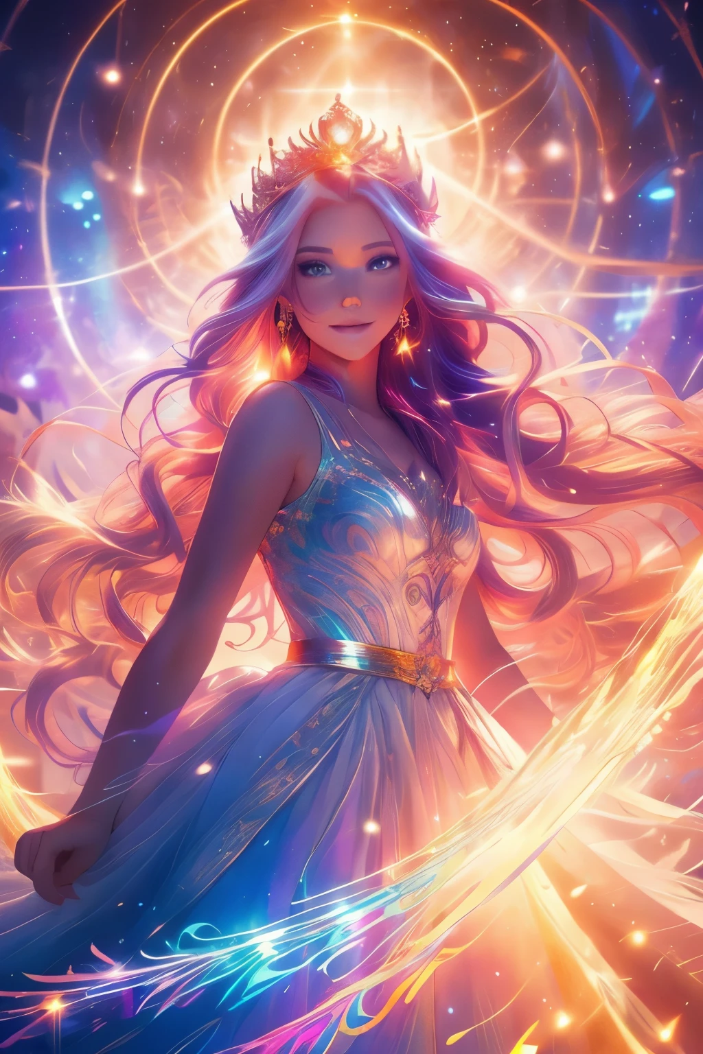 beautiful anime girl in white princess ballgown, vibrant pastel colors, (colorful), magical lights, red and gold long wavy hair, sparkling lines of light, inspired by Glen Keane, inspired by Lois van Baarle, disney art style, by Lois van Baarle, glowing aura around her, by Glen Keane, jen bartel, glowing lights! digital painting, flowing glowing hair, glowing flowing hair, beautiful digital illustration, fantasia background, whimsical, magical, fantasy, beautiful face, ((masterpiece, best quality)), intricate details, highly detailed, sharp focus, 8k resolution, sparkling detailed eyes, liquid watercolor