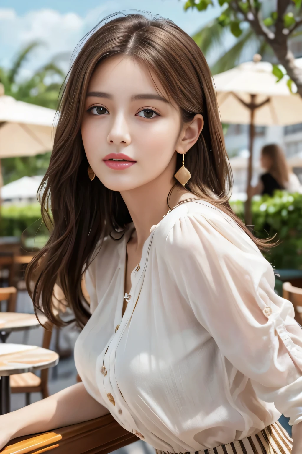 masterpiece, Highest quality, Realistic, Very detailed, Finer details, High resolution, 8k wallpaper, One beautiful woman,Wear a nice blouse, On the terrace of a lovely cafe, at noon, Light brown messy hair, Perfect dynamic composition, Beautiful and beautiful eyes、Big earrings、