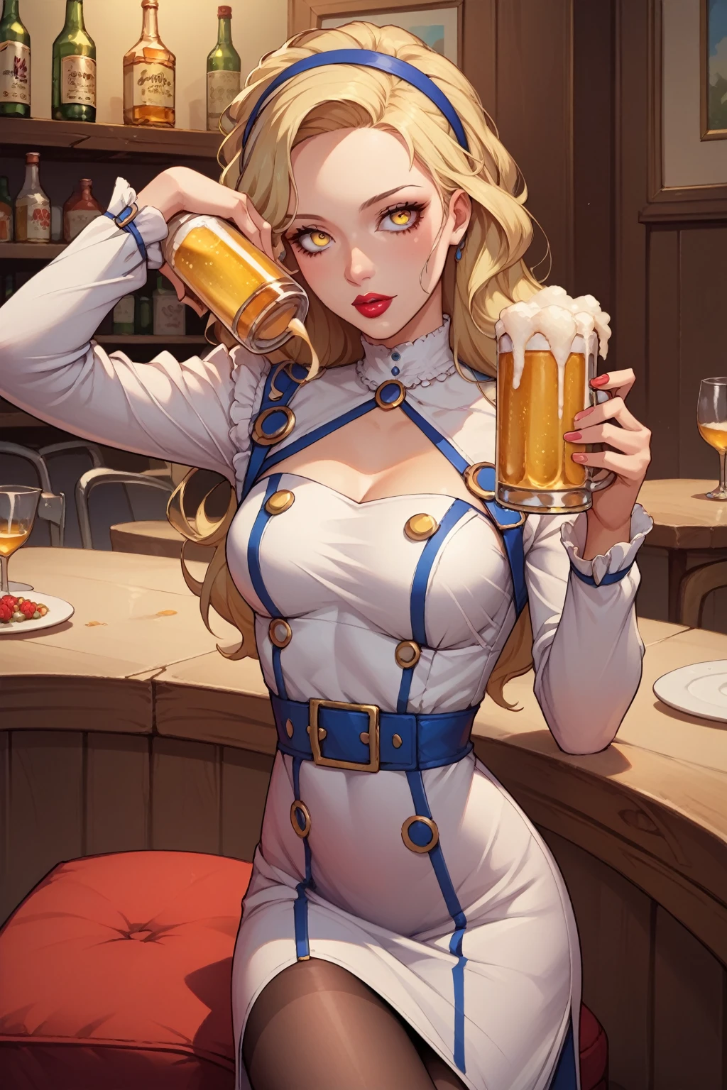 score_9, score_8_superior, score_7_superior, sauce_anime, drinking from a pint of beer, drink, csuperior, drinking, Margaret p4, Blonde, Long Hair, Yellow Eyes, head band, dress, Long sleeve, Black Pantyhose, High heels, lipstick, Perfect hands, lingerie