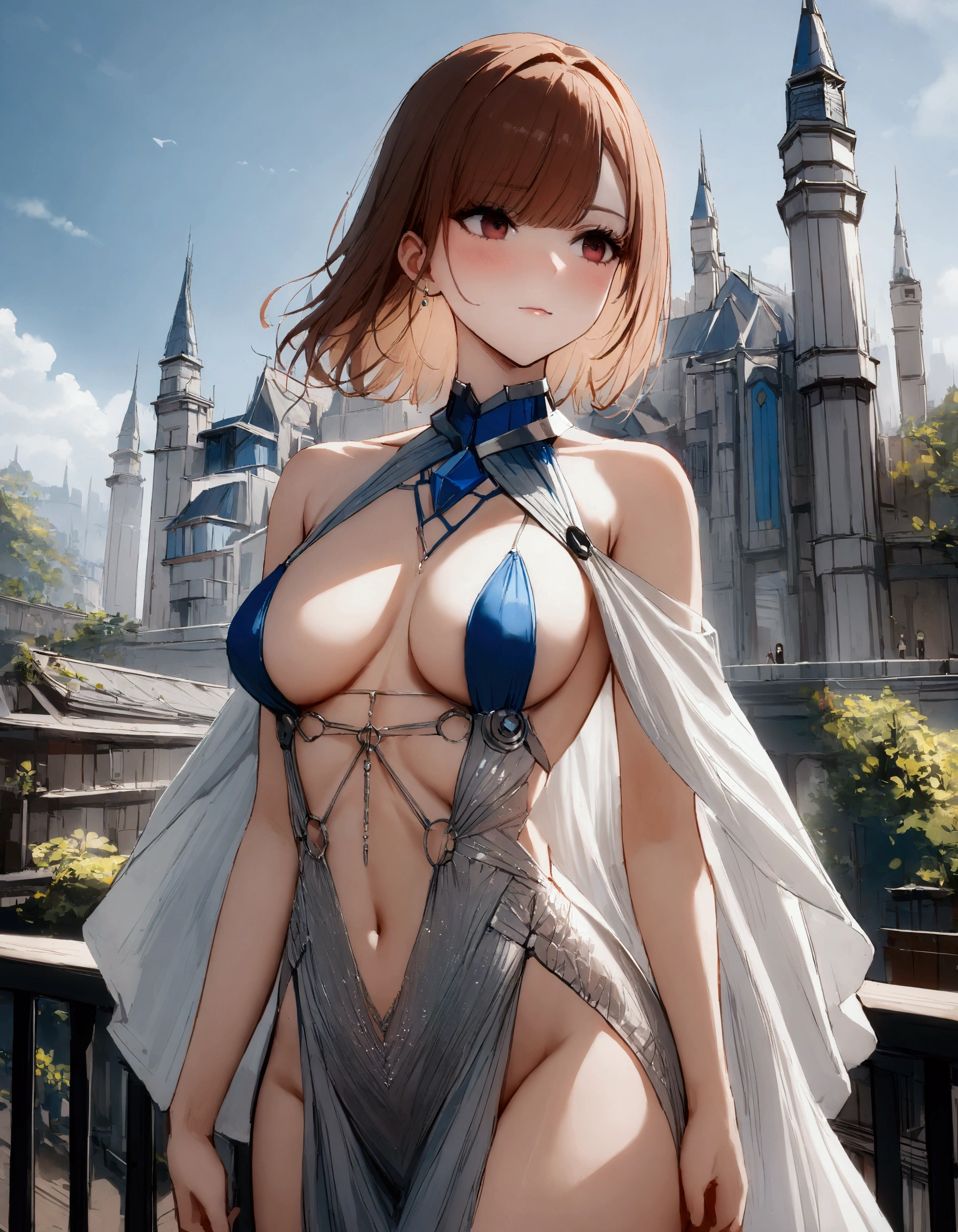 1girl (kate mara), st. louis (azur lane), standing, upper body, dress, silver dress, (revealing clothes:1.3), scenery,, anirl, best quality, ultra high res,