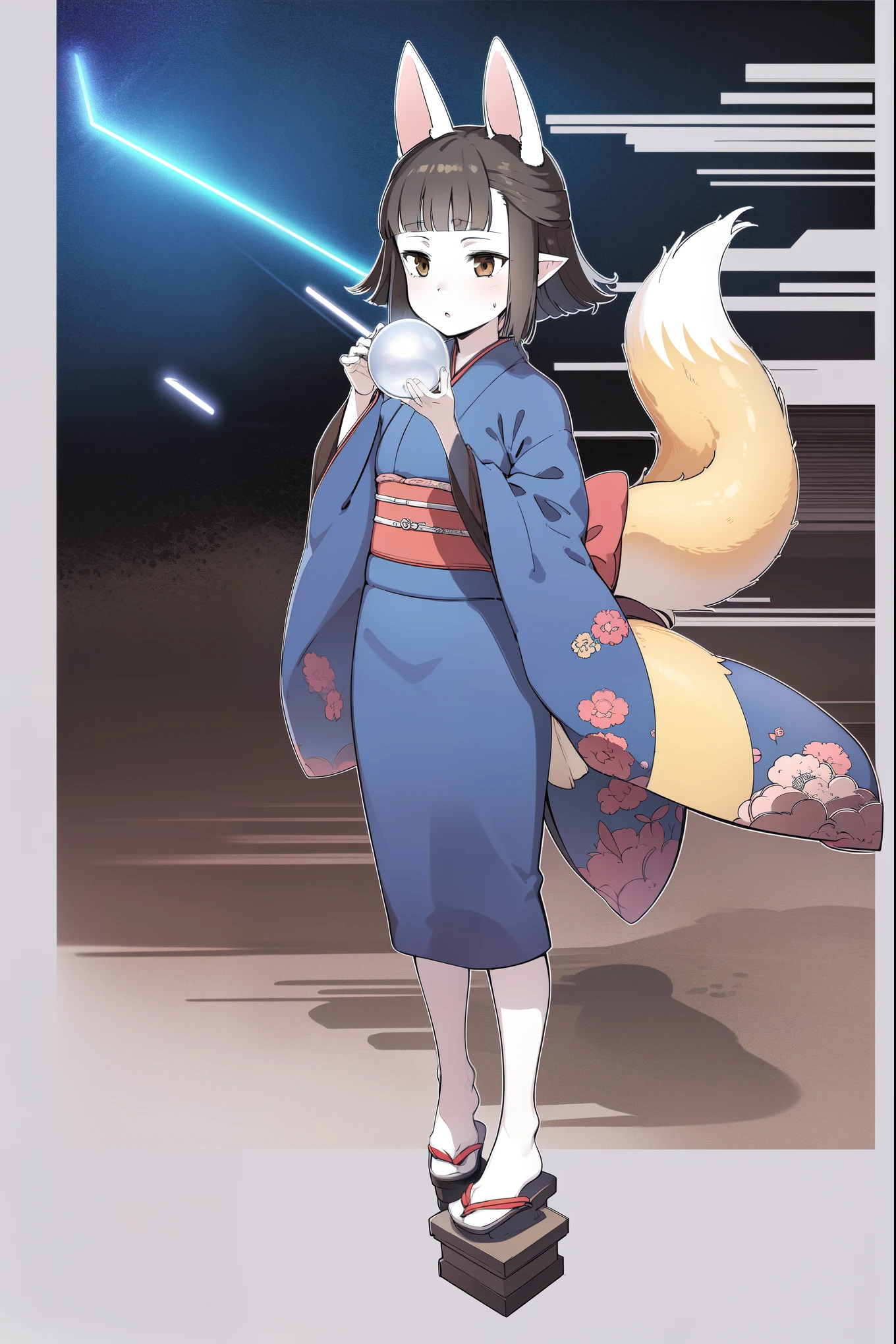 Hasaha, 1girl, young_teen, soro, brown eyes, animal ears, black hair, pointy ears, short_ hair, fox ears, bangs, blunt bangs, forest, sky, full body,
japanese clothes, kimono, tail, blue kimono, fox tail, crystal ball,
masterpiece, high quality, very_high_resolution, large_filesize, full color,night_town_landscape, cobblestone_road