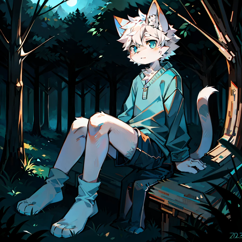 furry, cat boy,(White hair),(Dark gray skin),blue eyes,Sitting in the forest at night,((Wear long white socks)),Light blue pajamas and shorts,The only person,high quality