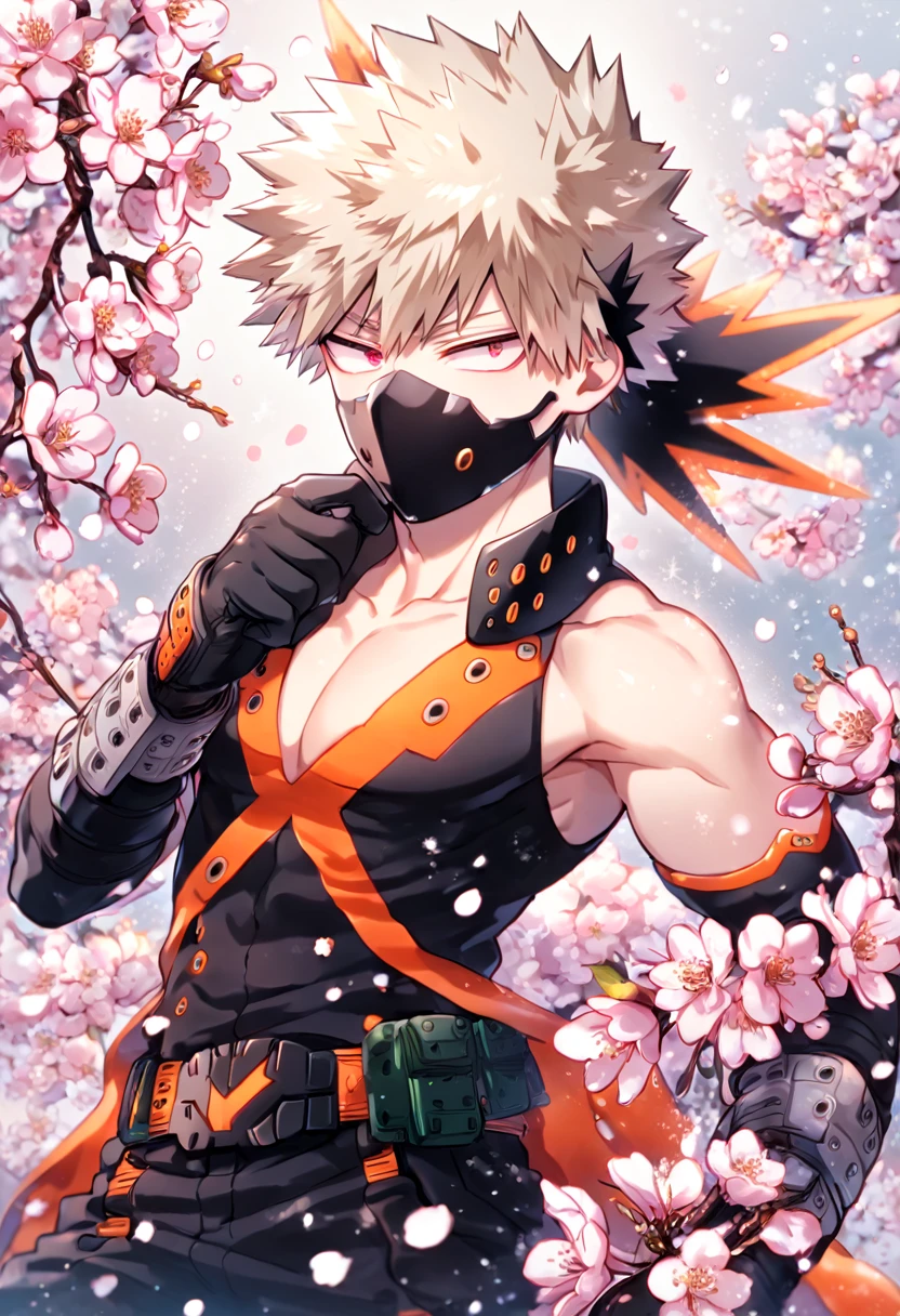 Ultra detailed, HDR, Highres, absurdres, master piece, Bakugou Katsuki, ash blonde hair, expressive red eyes, black hero clothes with oranger patterns, black mask, black gloves, Boku No Hero Academia, sexy man, handsome, cherry, flowers, blossoms, fantasy, magical, pink leaves, snowing, handsome, sensual, best quality, glittering, solo,