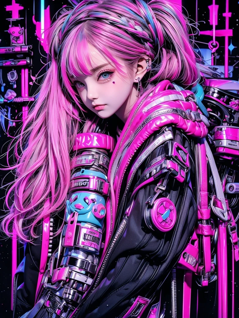 High quality, high resolution, cyberpunk, 1 person, beautiful girl holding an inkjet gun like the one in Splatoon, pink and blue hair color, twin tails, braided, hugging a cyberpunk black teddy bear
