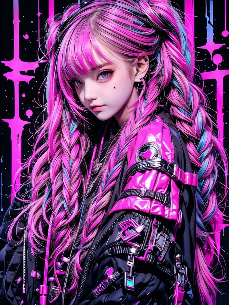 High quality, high resolution, cyberpunk, 1 person, beautiful girl holding an inkjet gun like the one in Splatoon, pink and blue hair color, twin tails, braided, hugging a cyberpunk black teddy bear