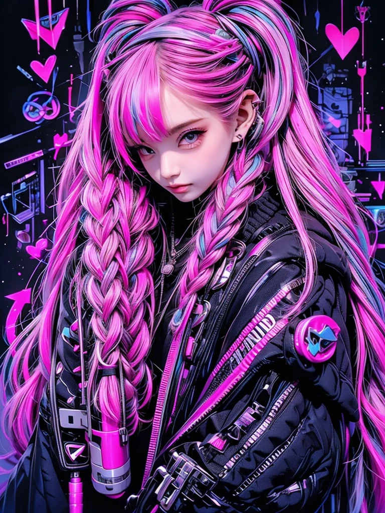 High quality, high resolution, cyberpunk, 1 person, beautiful girl holding an inkjet gun like the one in Splatoon, pink and blue hair color, twin tails, braided, hugging a cyberpunk black teddy bear