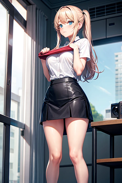 Embarrassed girl lifting her miniskirt,