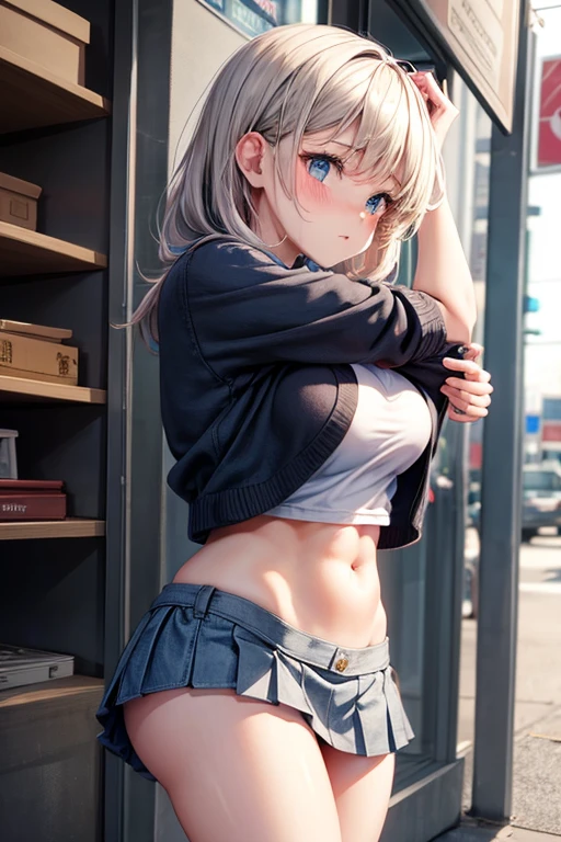 Embarrassed girl lifting her miniskirt,